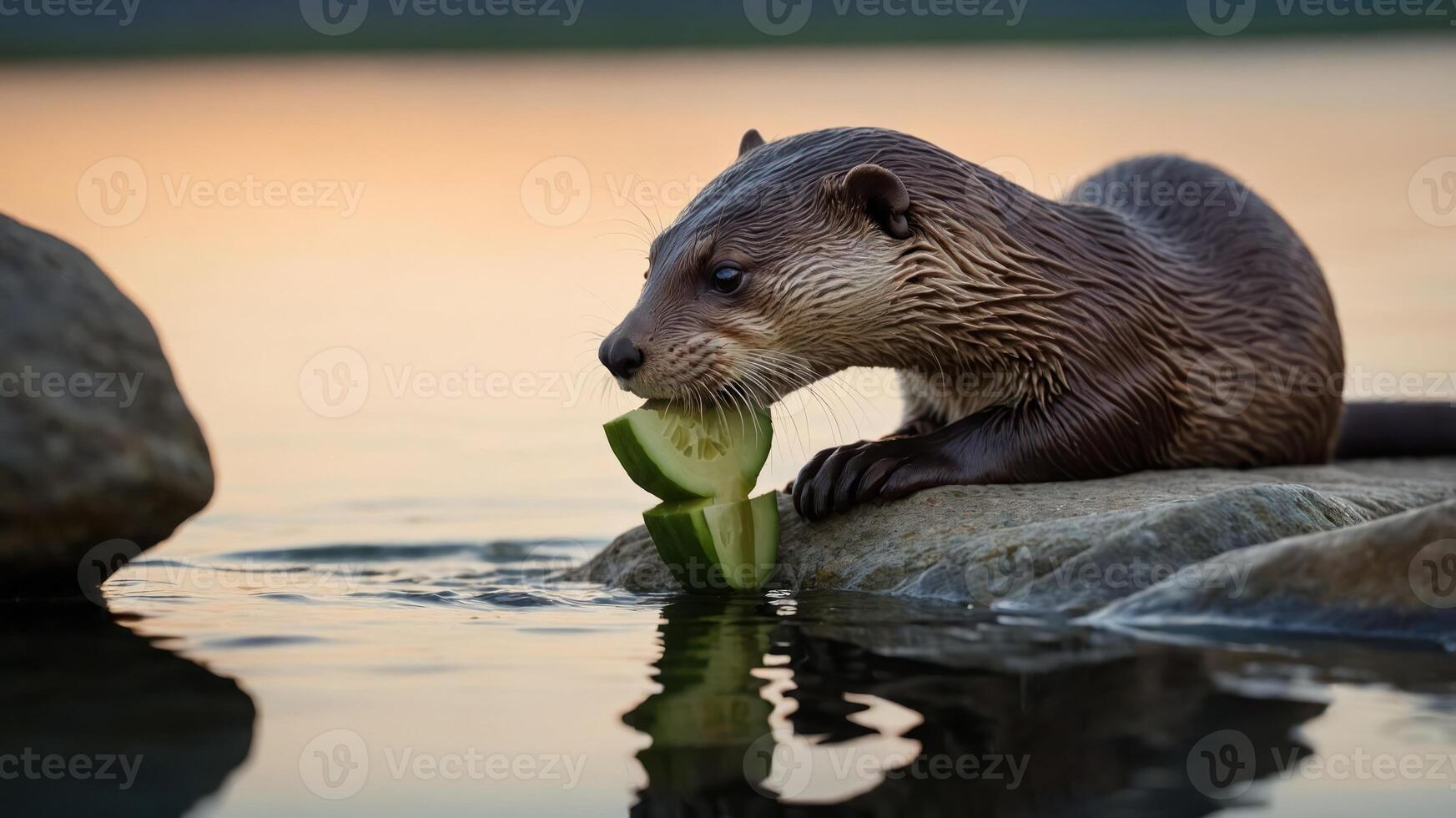 An otter enjoys a slice of cucumber on a rock by the water during sunset. photo
