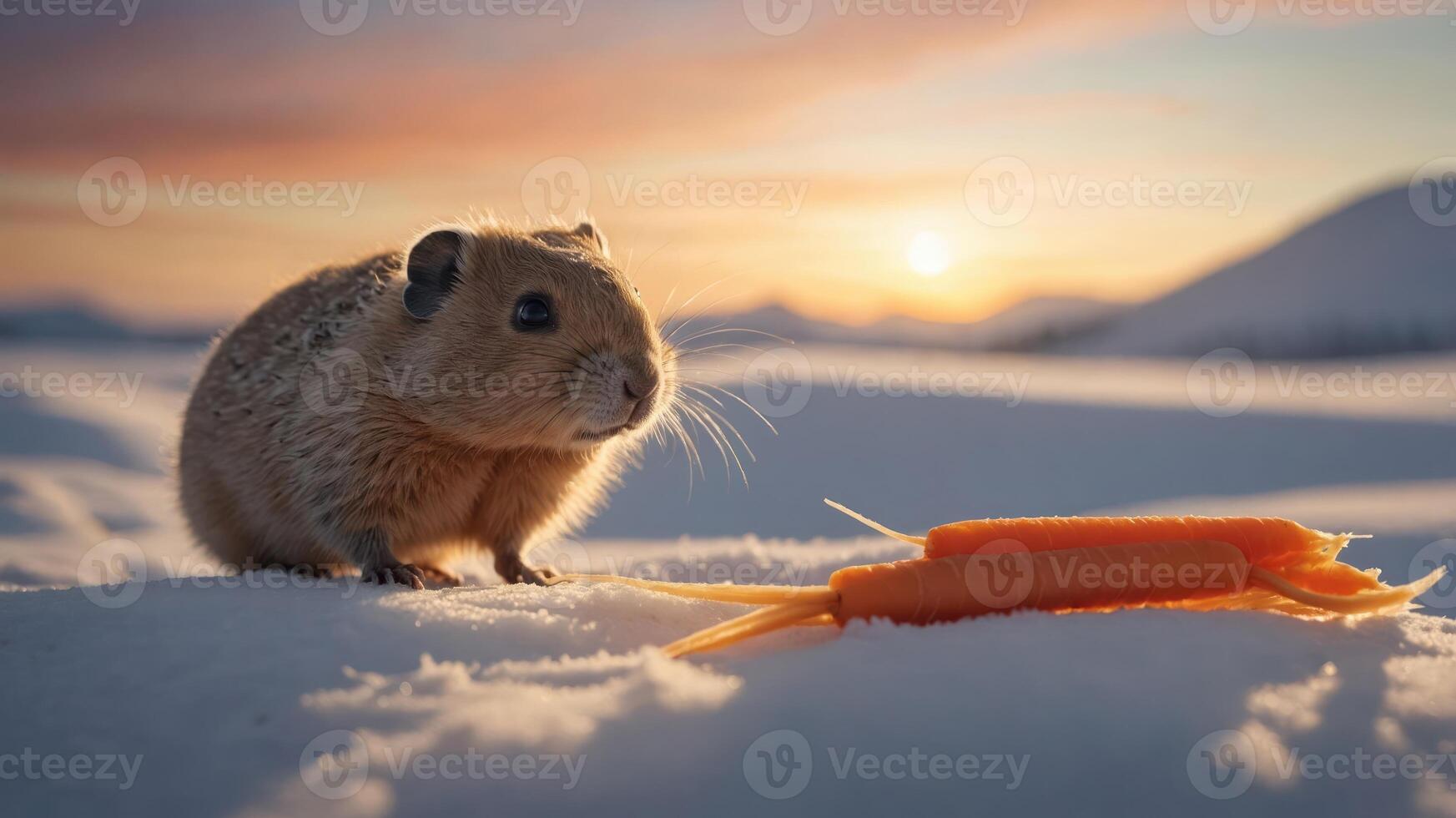 A small animal sits on snow, next to carrots, with a sunset in the background. photo