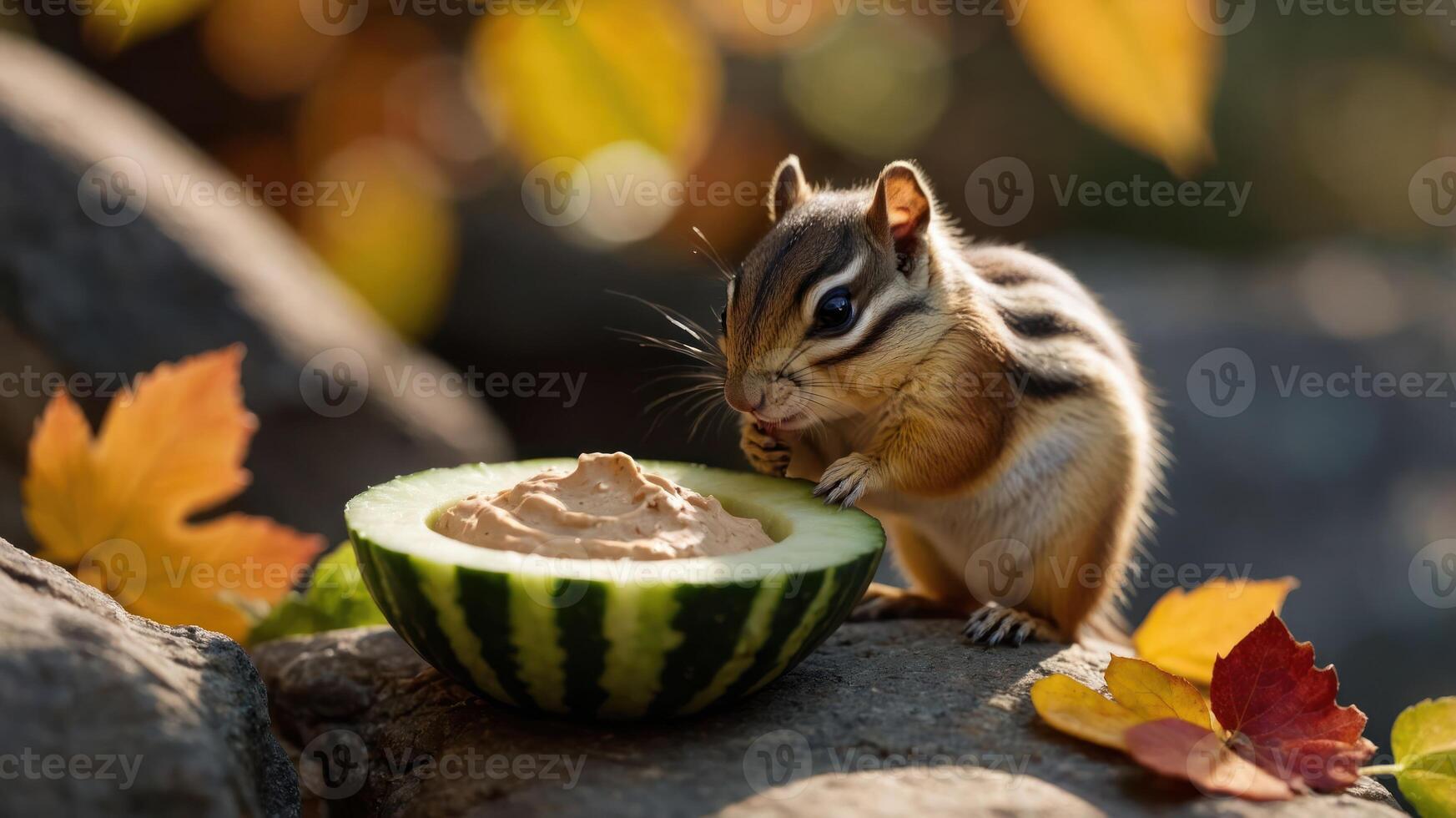 A chipmunk enjoying a scoop of food from a watermelon half surrounded by autumn leaves. photo