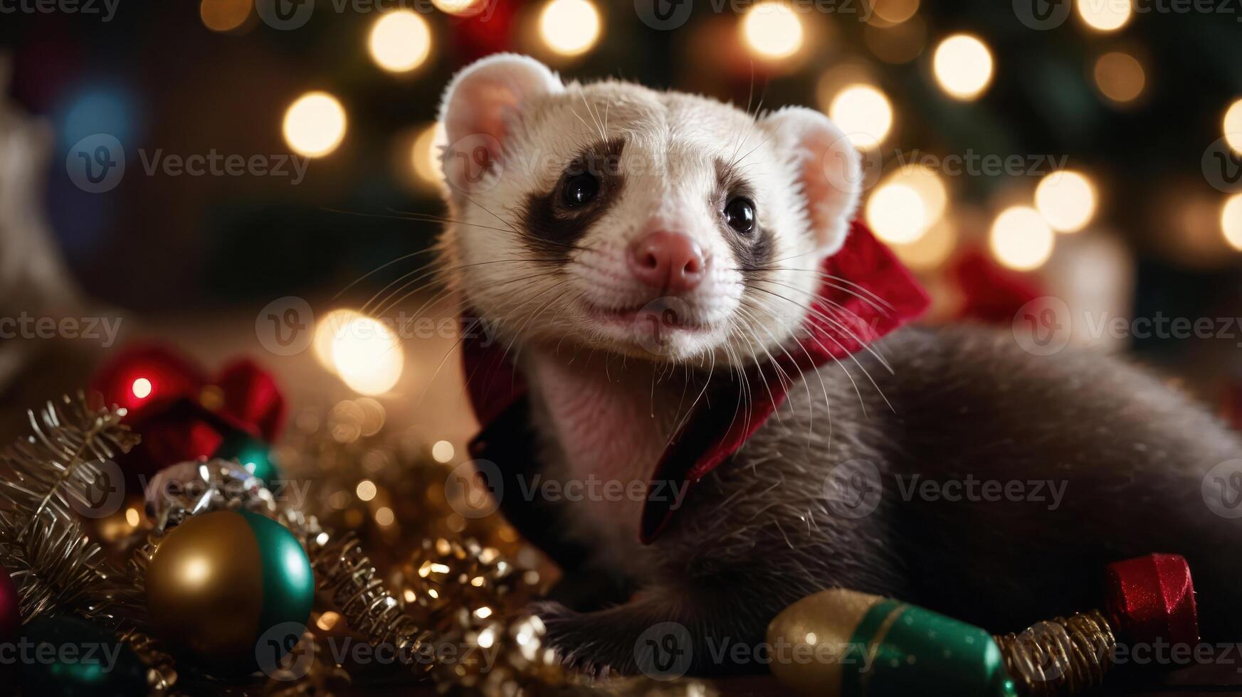A festive ferret wearing a red cape surrounded by holiday decorations and lights. photo