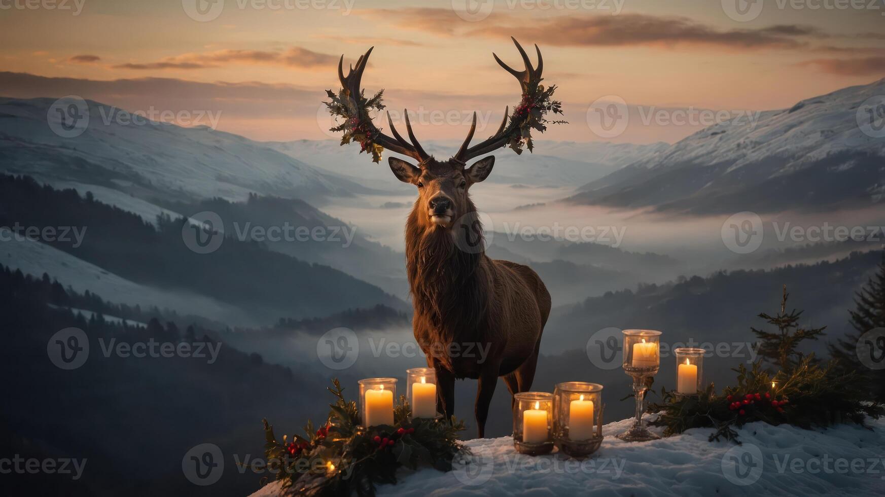 A majestic deer stands amidst candles in a serene snowy landscape at sunset. photo