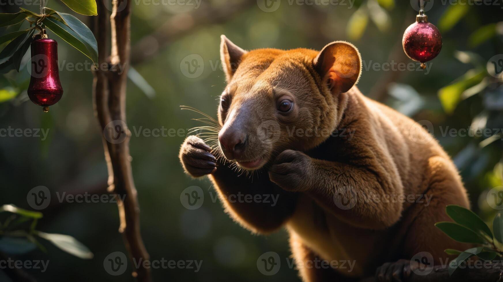 A close-up of a tree kangaroo among foliage, adorned with festive ornaments. photo