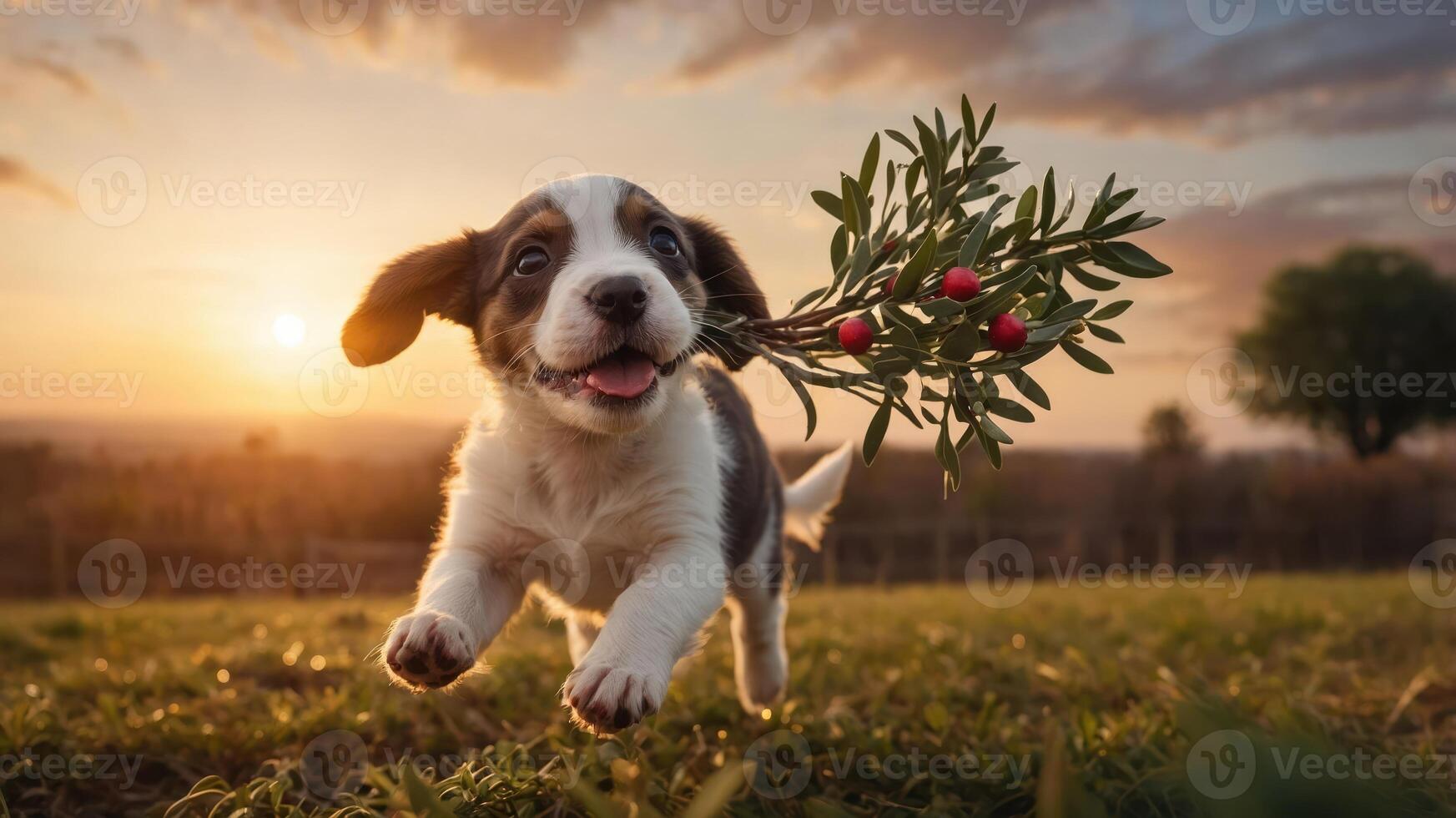 A playful puppy runs joyfully at sunset, holding a branch with berries in its mouth. photo