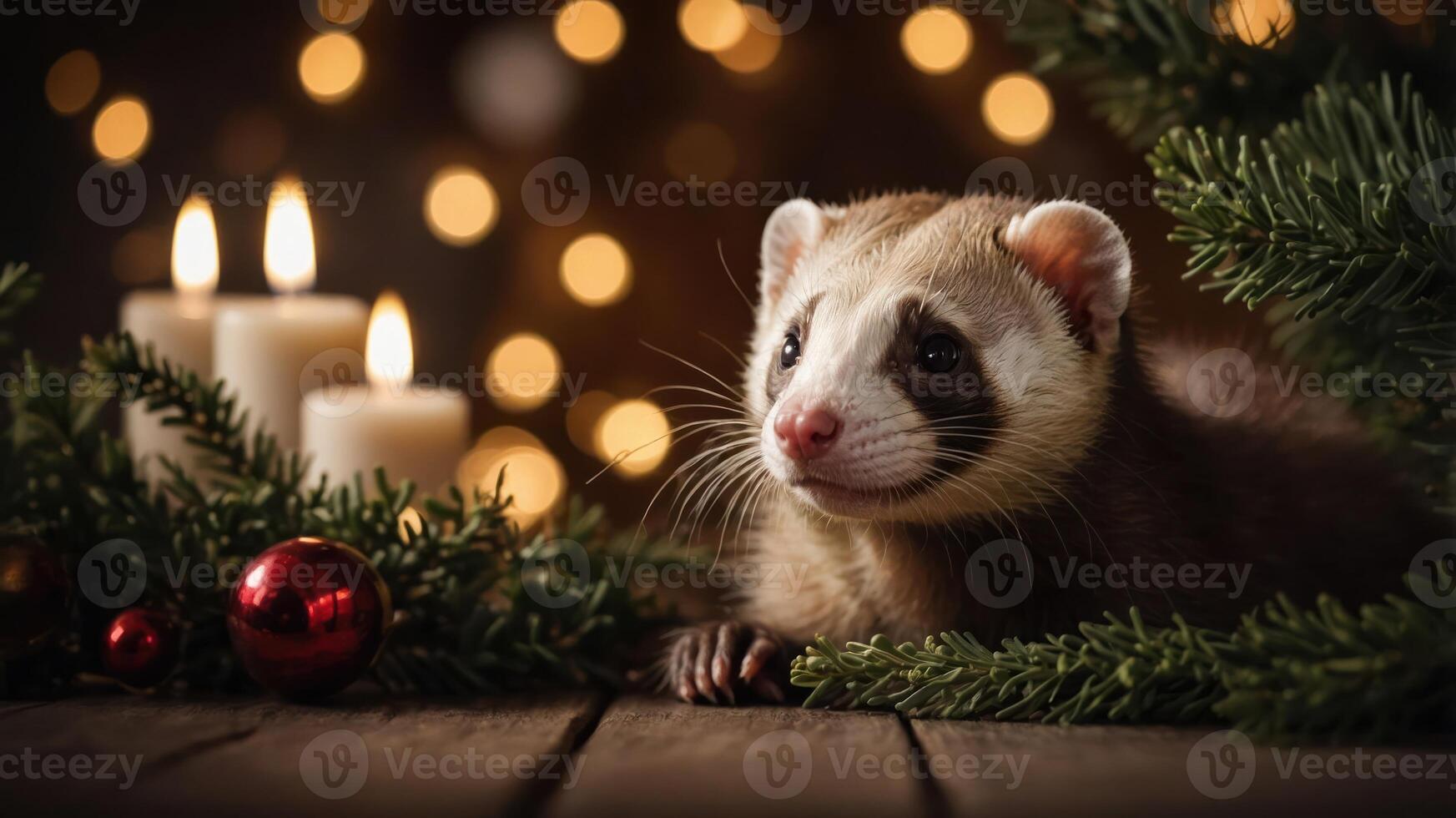 A ferret surrounded by festive decorations and candles, creating a cozy holiday atmosphere. photo