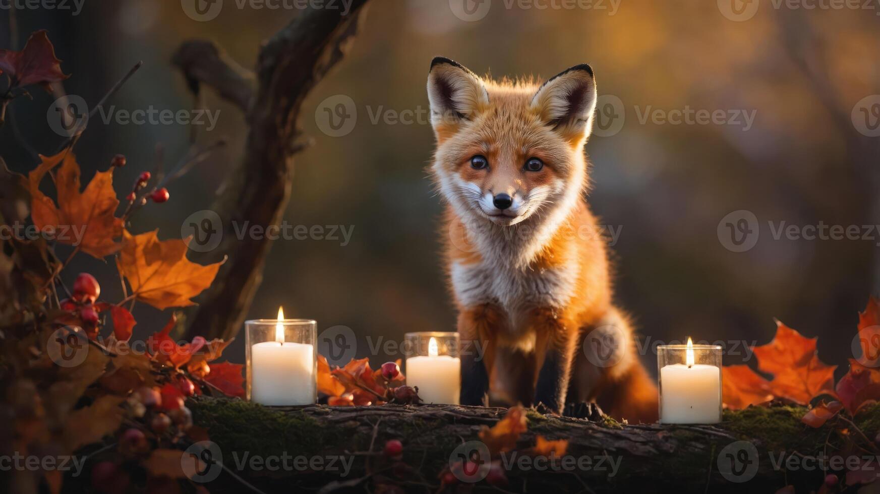 A fox surrounded by candles and autumn leaves, creating a serene, enchanting atmosphere. photo