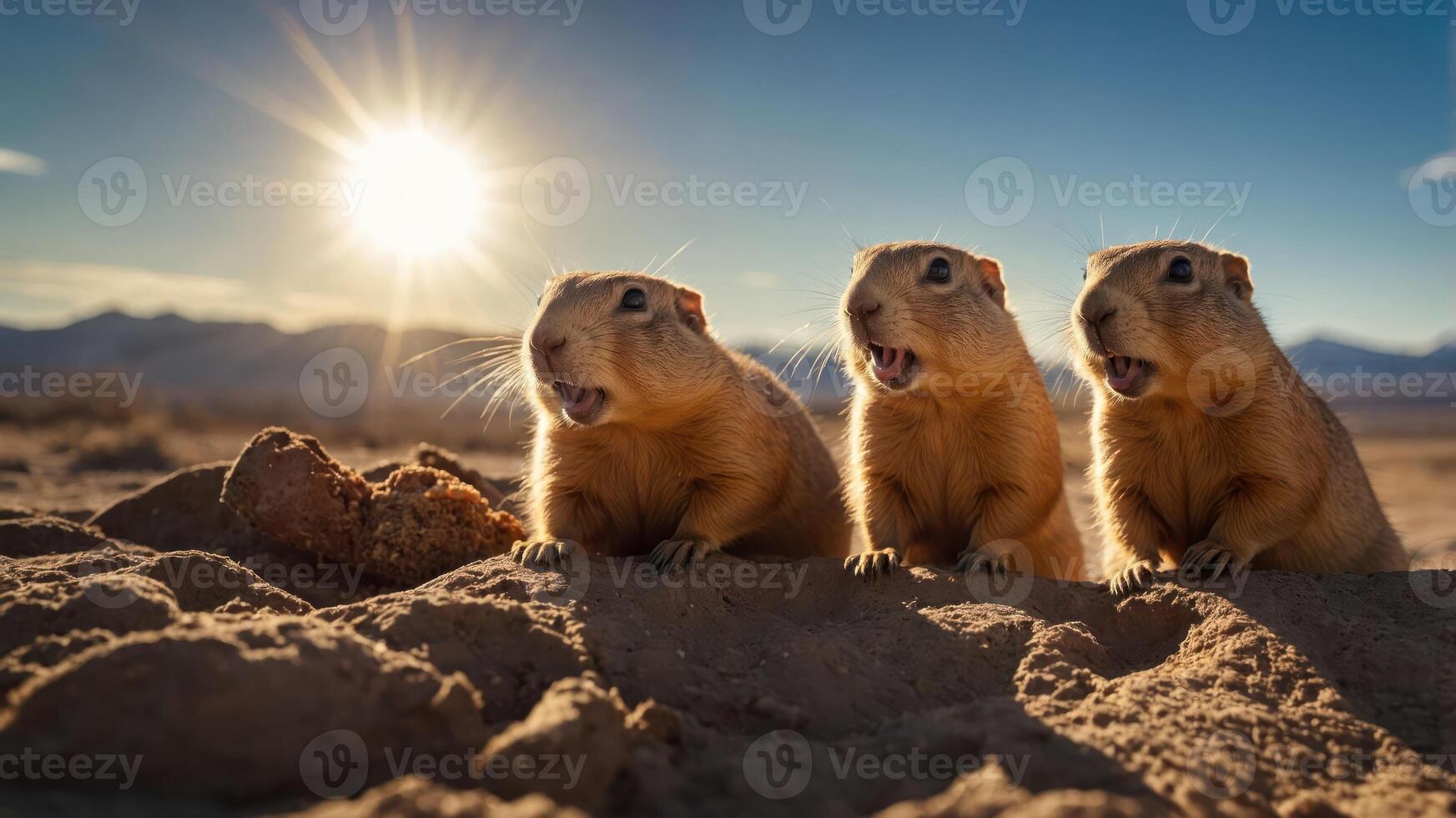 Three prairie dogs vocalizing in a desert landscape under a bright sun. photo