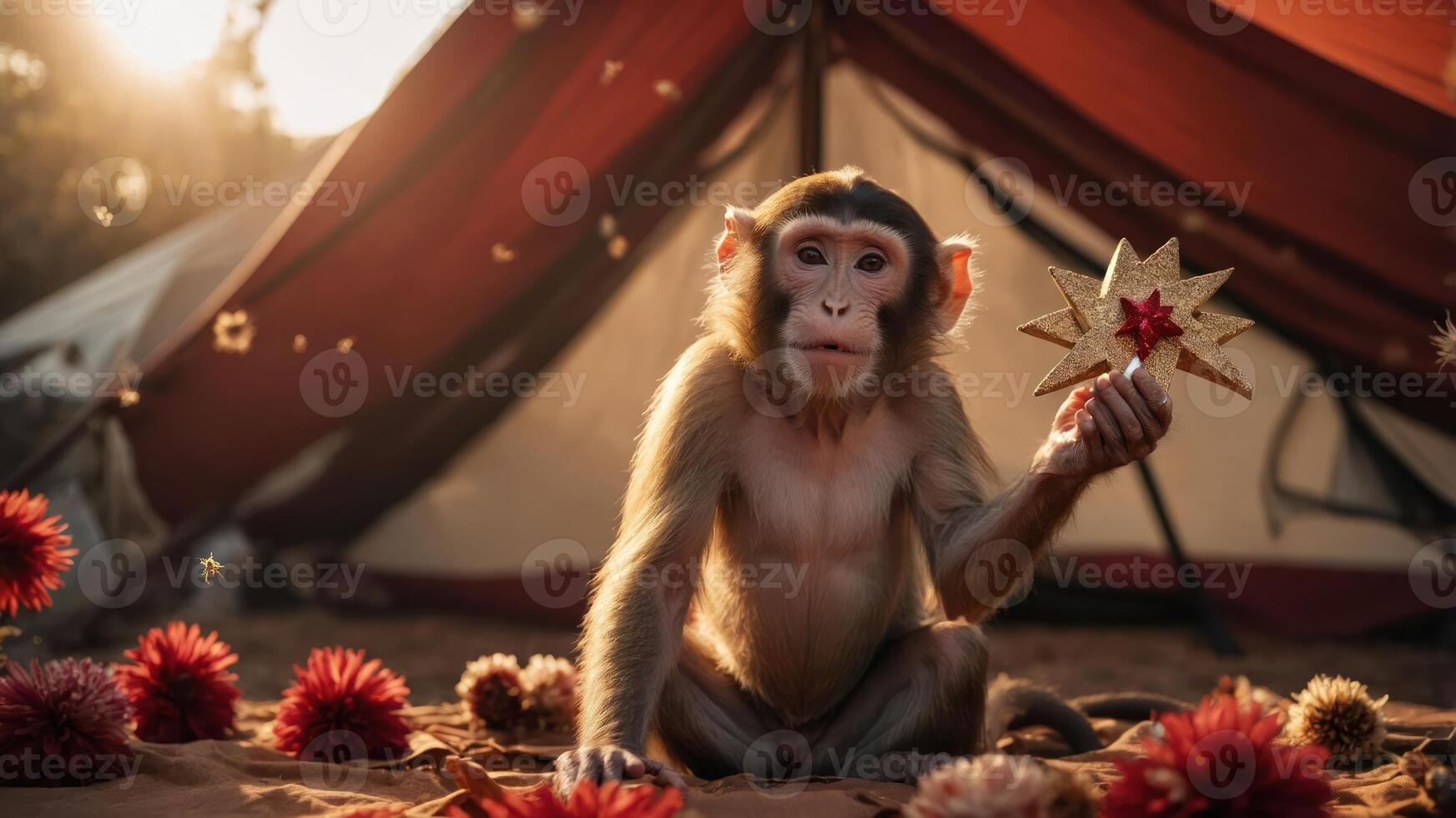 A monkey holding a star-shaped decoration near a tent in a natural setting. photo