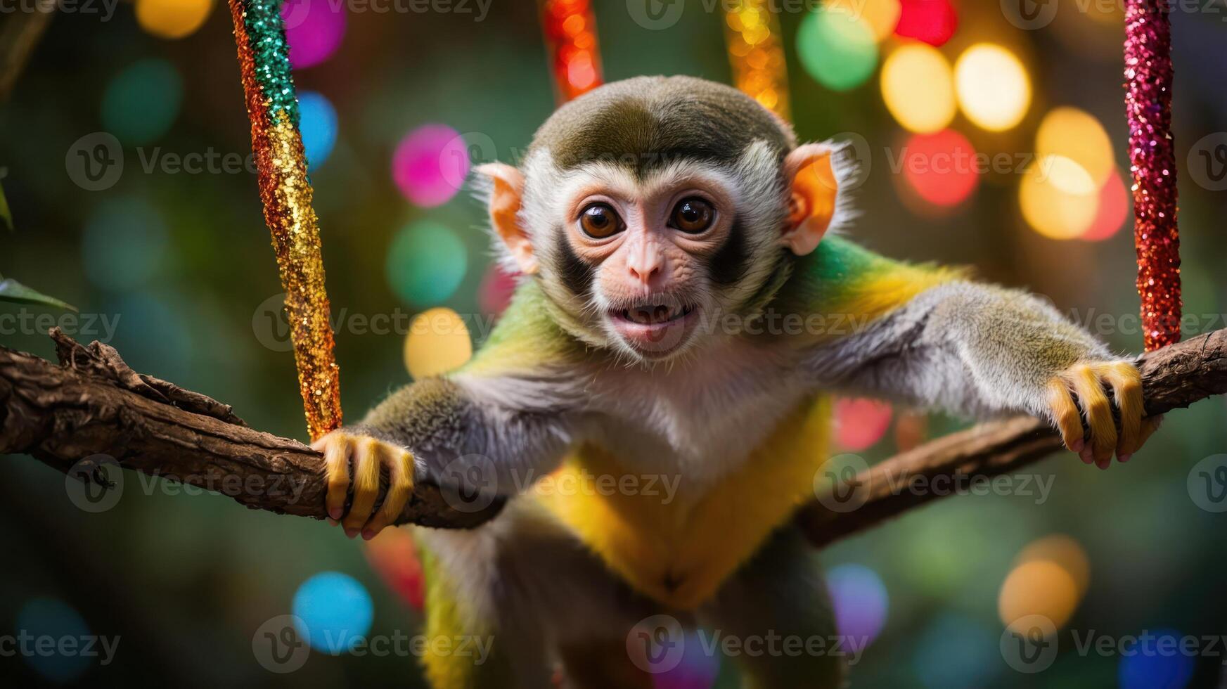 A playful monkey hanging on a branch with colorful lights in the background. photo