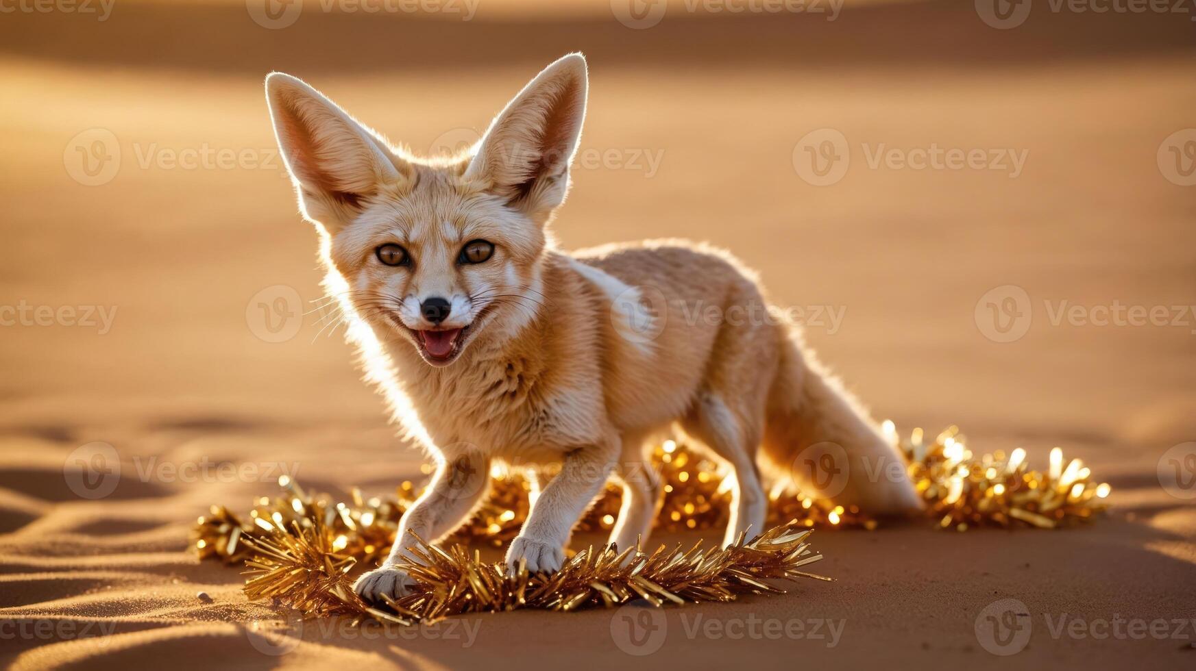 A fennec fox playfully interacts with festive decorations in a sandy desert landscape. photo