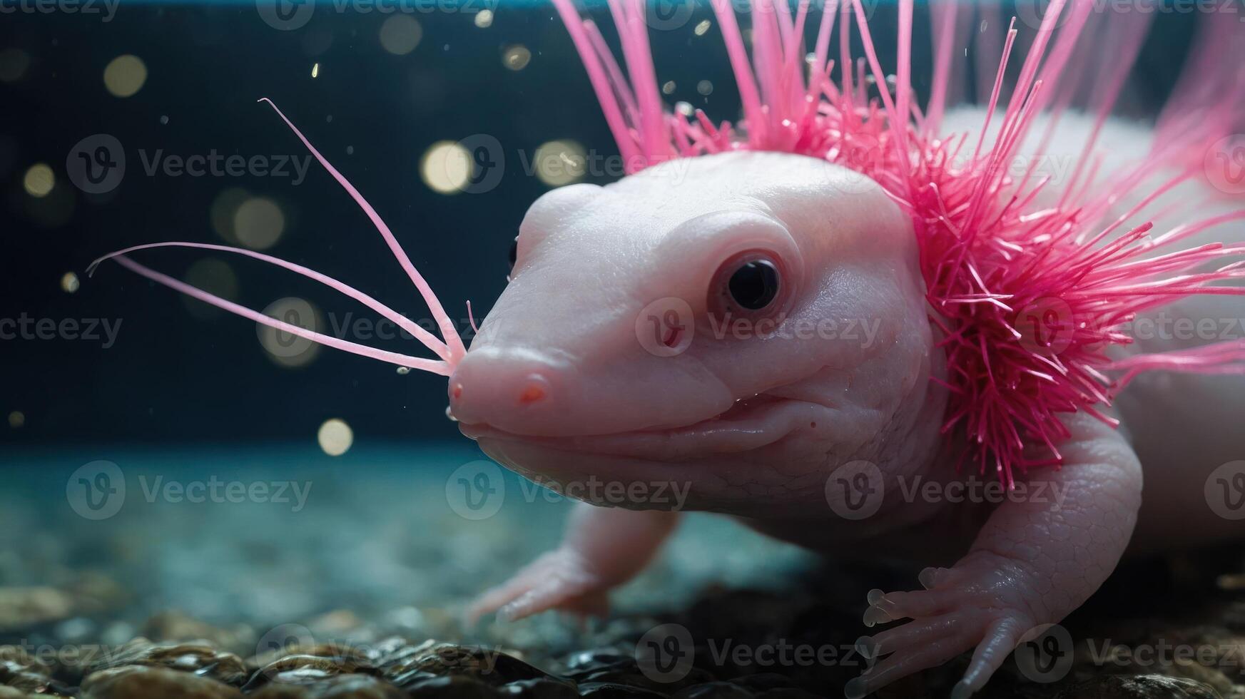 An axolotl with vibrant pink spikes swimming in a serene aquatic environment. photo