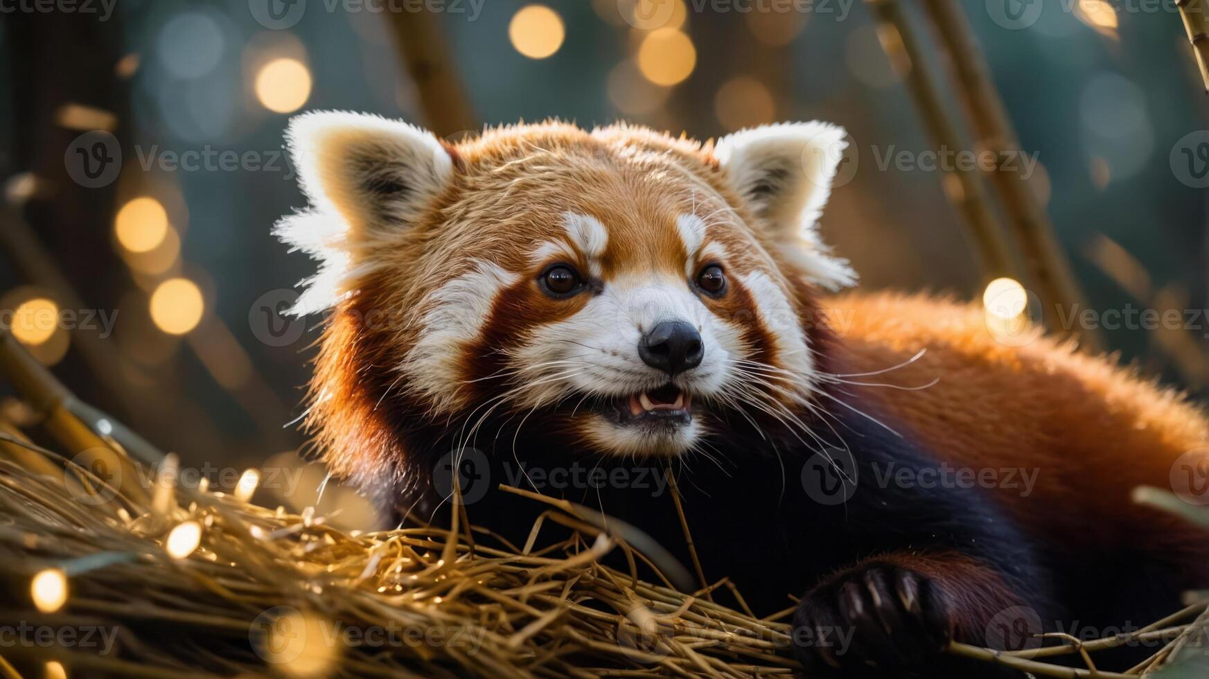 A red panda resting on straw, surrounded by soft, glowing lights in a natural setting. photo