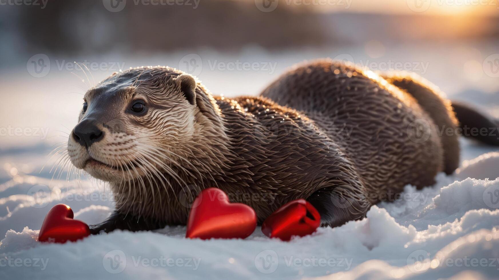 An otter resting in the snow, playfully surrounded by red heart decorations. photo