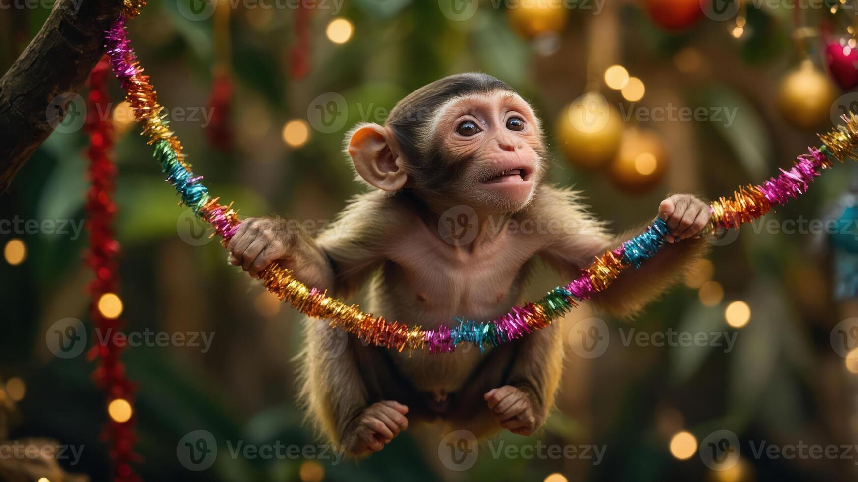 A playful monkey hanging from a colorful garland amidst festive decorations. photo