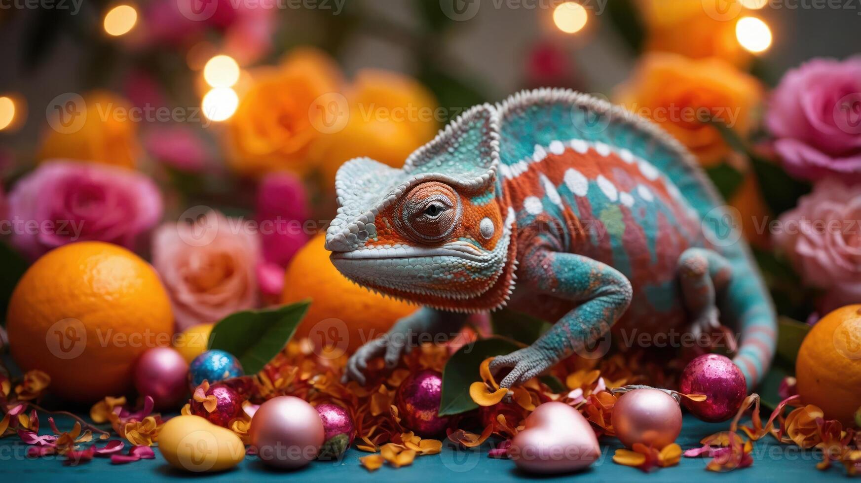 A vibrant chameleon among colorful flowers and fruits, creating a lively scene. photo