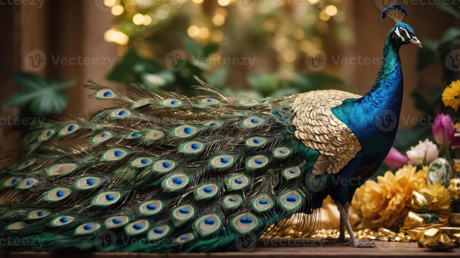 A vibrant peacock displays its colorful feathers in a lush setting. photo