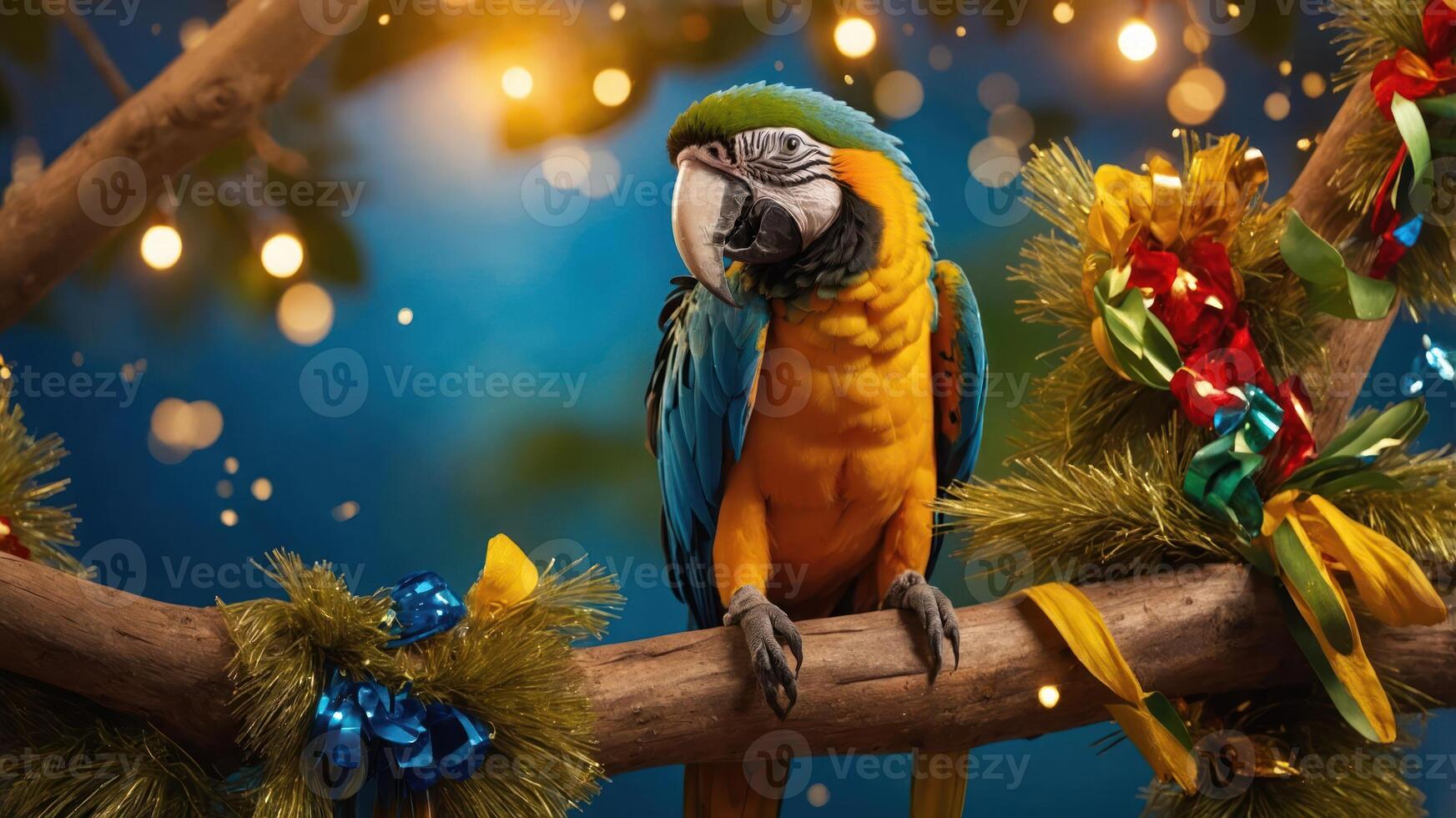 A colorful parrot perched on a festive branch adorned with decorations and lights. photo