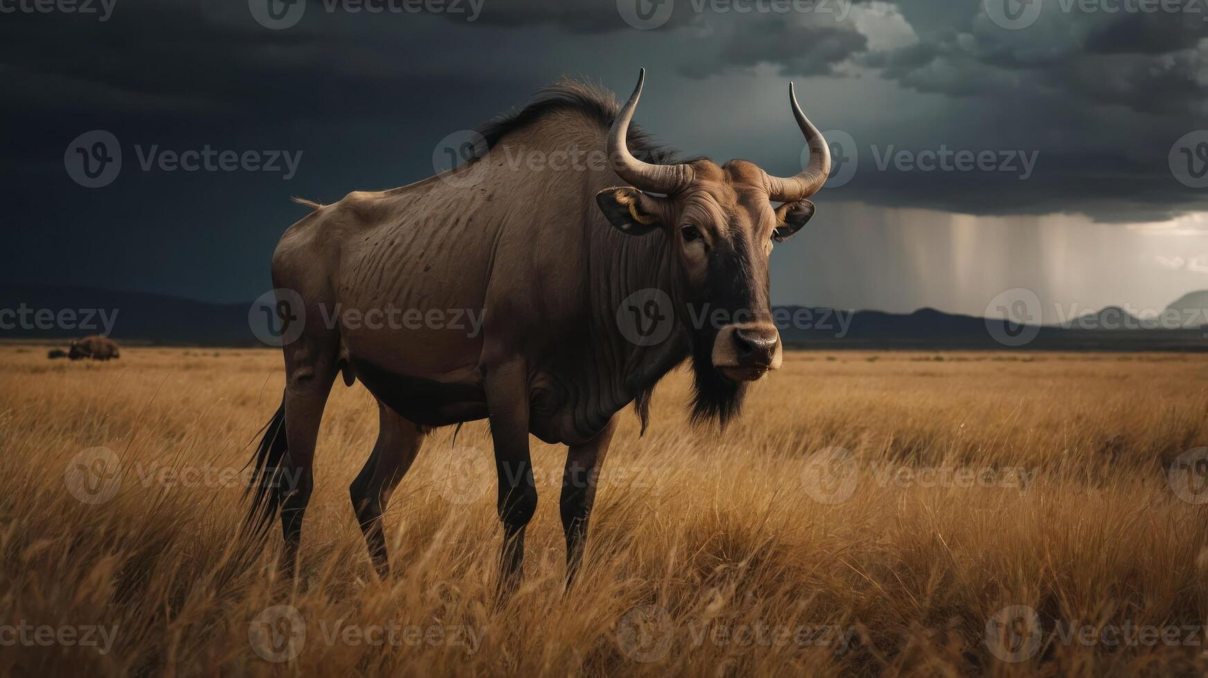 A wildebeest stands in a golden grassland under a dramatic sky, evoking a sense of wilderness. photo