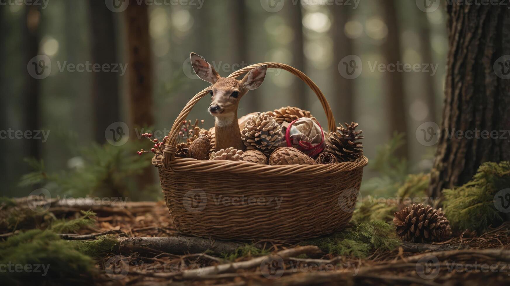 A deer figurine nestled in a basket filled with pinecones in a forest setting. photo