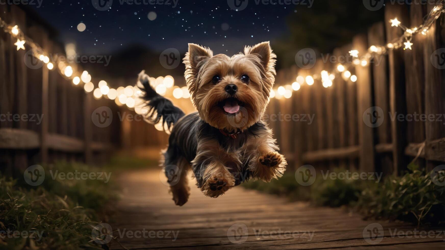 A joyful dog leaps along a path adorned with twinkling lights under a starry night sky. photo