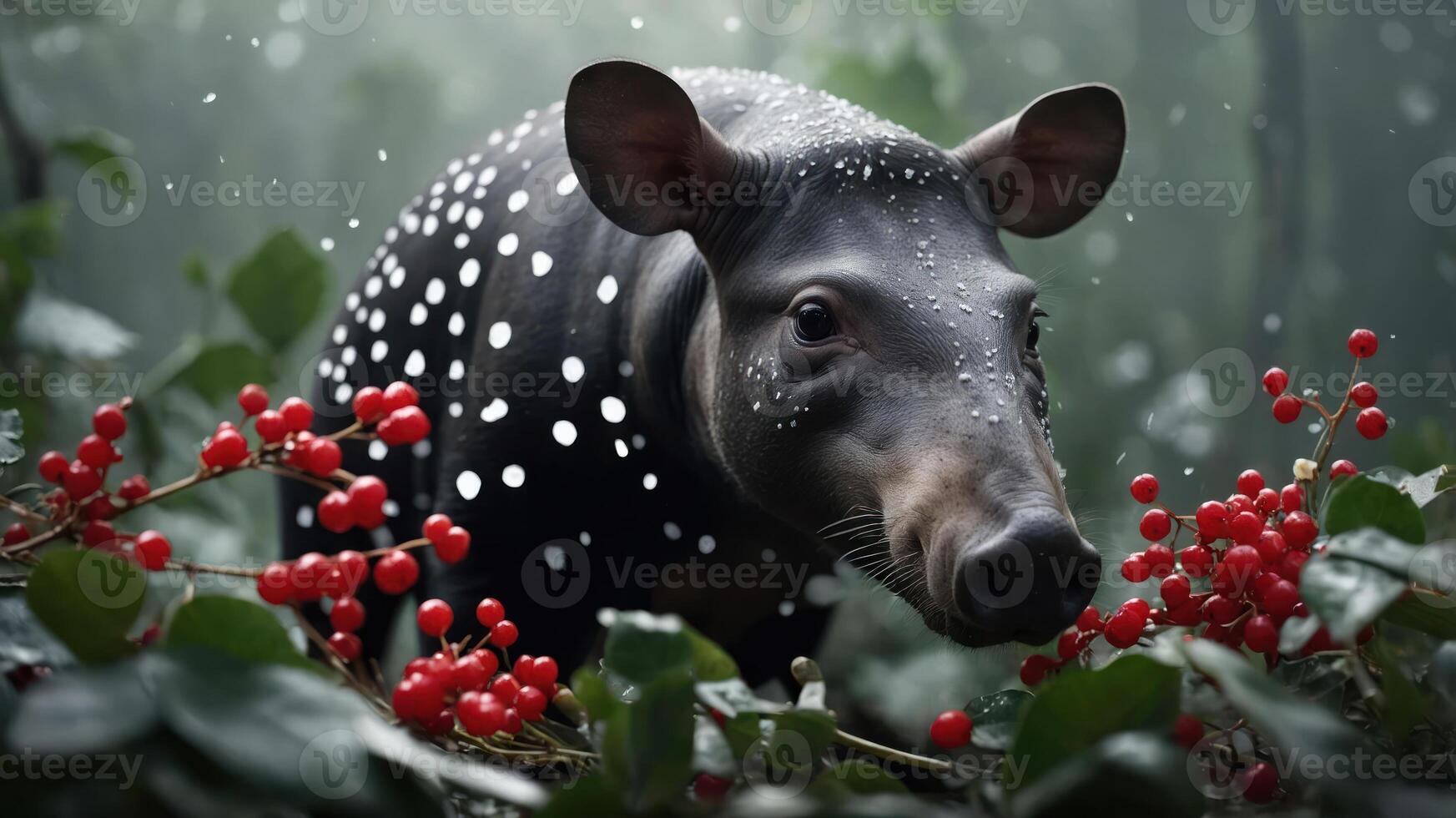 A tapir surrounded by red berries in a lush, misty forest. photo