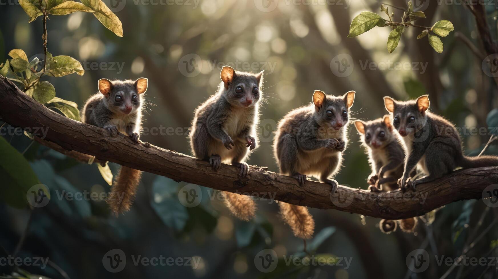 Five small, furry animals perched on a branch in a sunlit forest. photo
