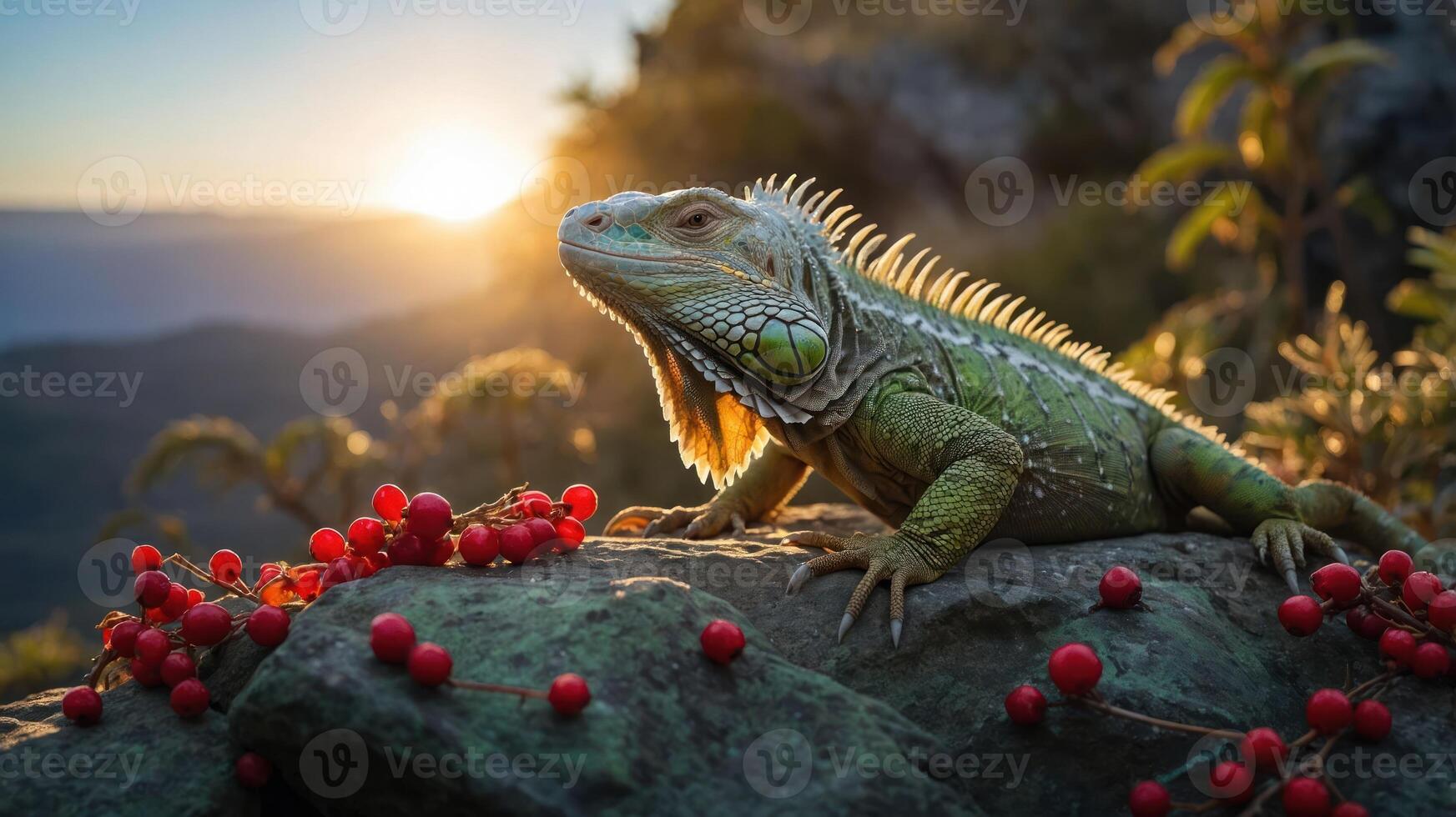 A vibrant iguana basking on a rock with berries, illuminated by a sunset. photo
