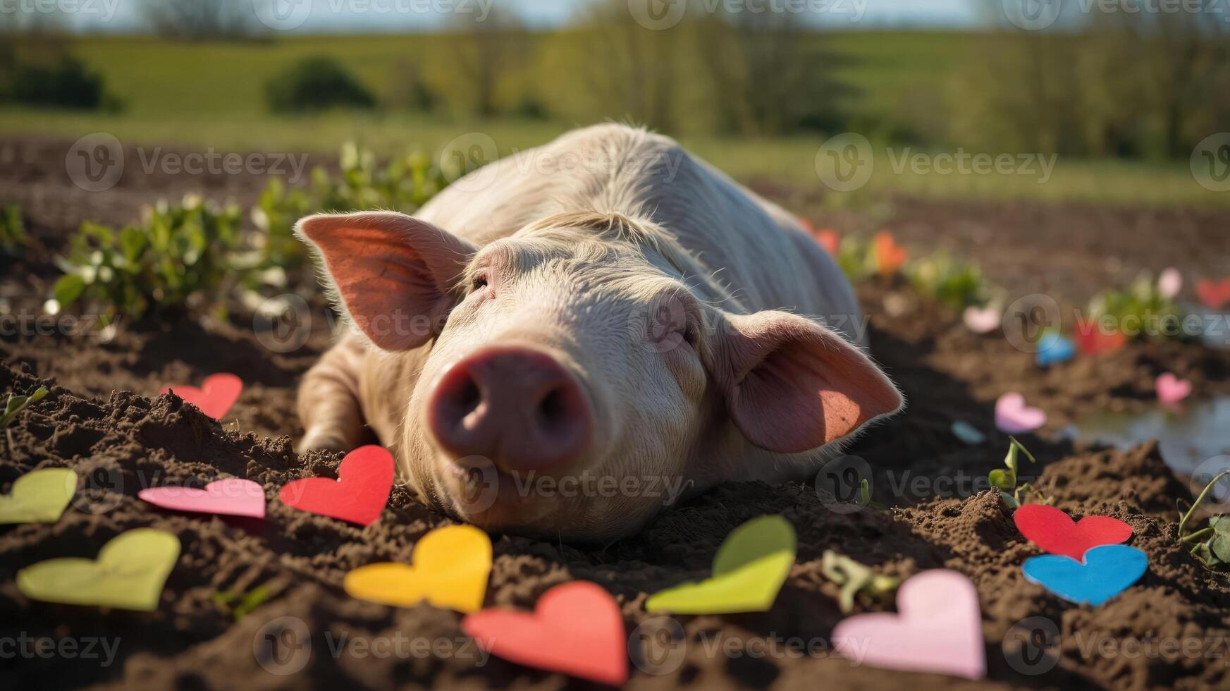 A sleeping pig surrounded by colorful paper hearts in a natural setting. photo