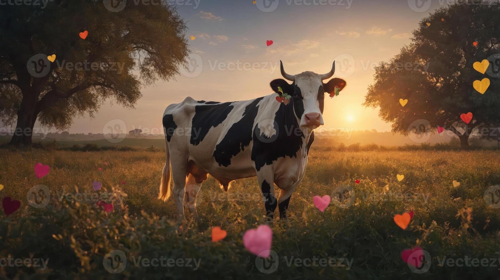 A cow stands in a field at sunset, surrounded by floating hearts, symbolizing love and warmth. photo