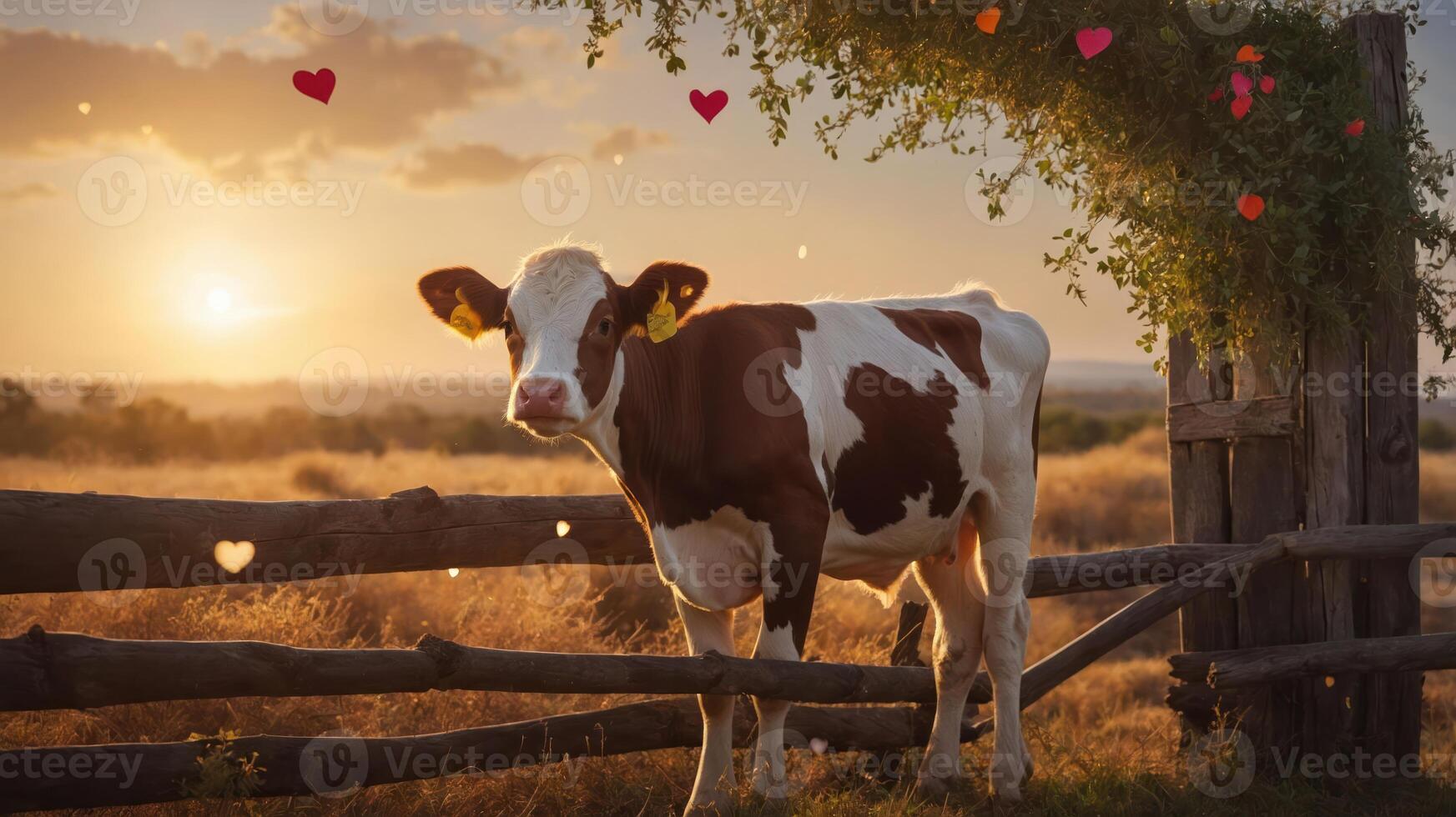 A serene sunset scene featuring a cow by a wooden fence, surrounded by hearts. photo