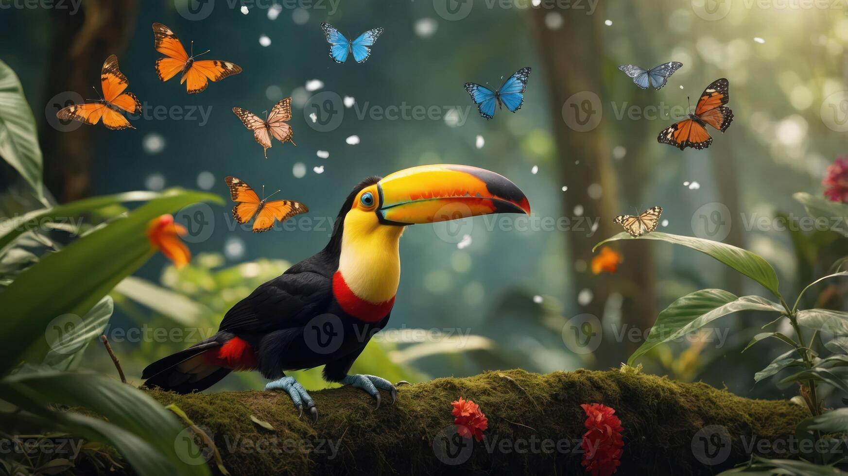 A vibrant toucan amidst colorful butterflies in a lush, tropical environment. photo