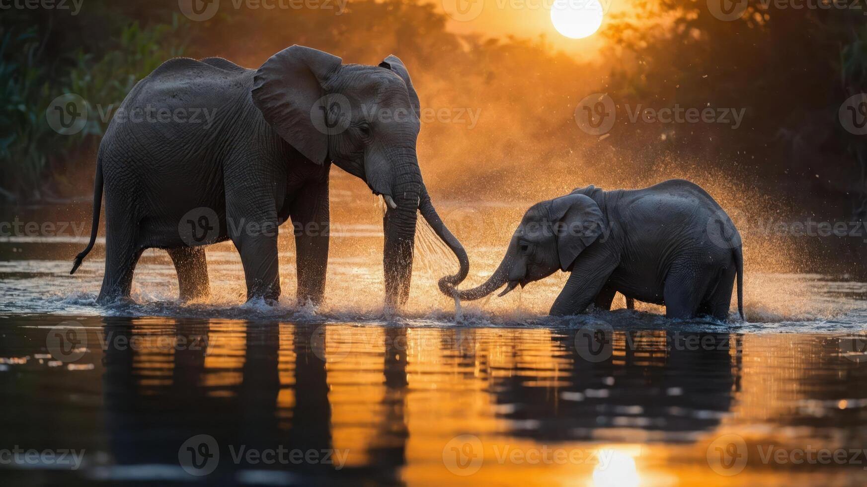 Two elephants play in water during sunset, creating a serene and joyful atmosphere. photo