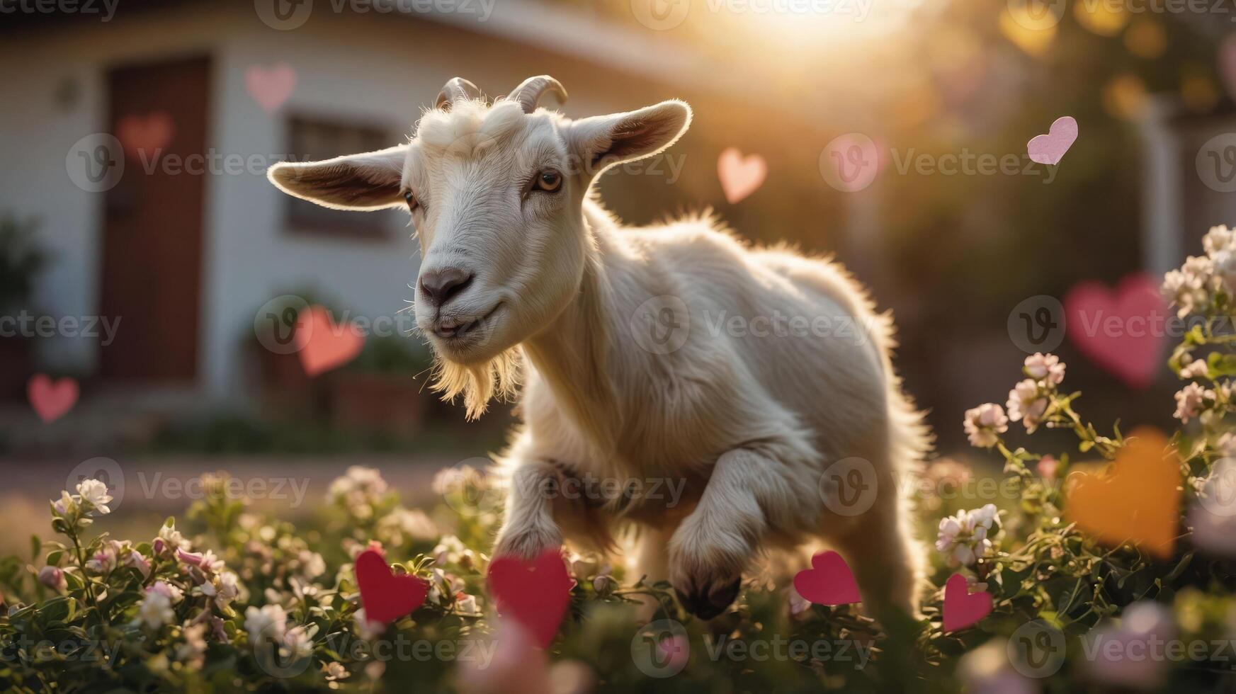 A playful goat surrounded by flowers and hearts, evoking joy and affection. photo