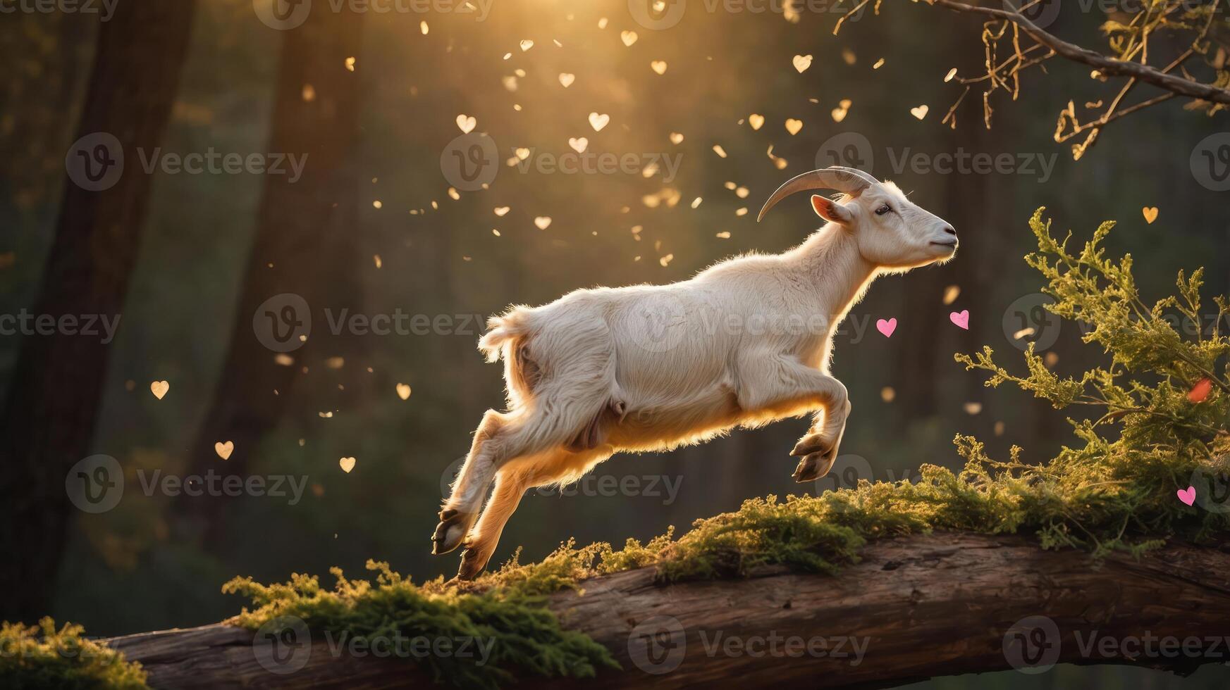 A joyful goat leaps over a log in a forest, surrounded by floating heart shapes. photo