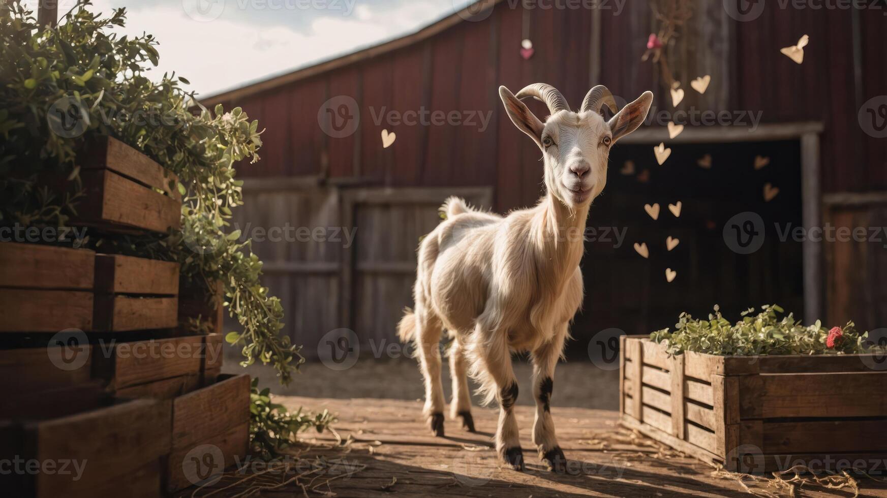 A playful goat stands in a barn setting, surrounded by greenery and butterflies. photo