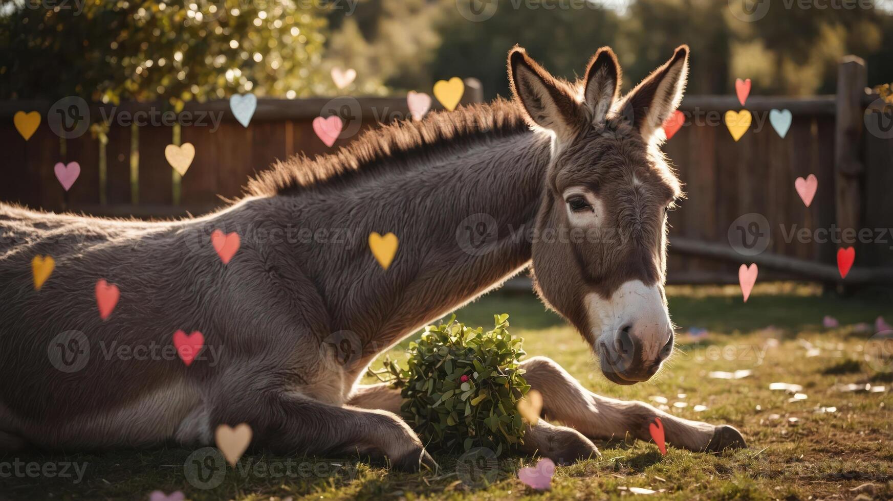 A relaxed donkey lying on grass surrounded by colorful heart-shaped decorations. photo