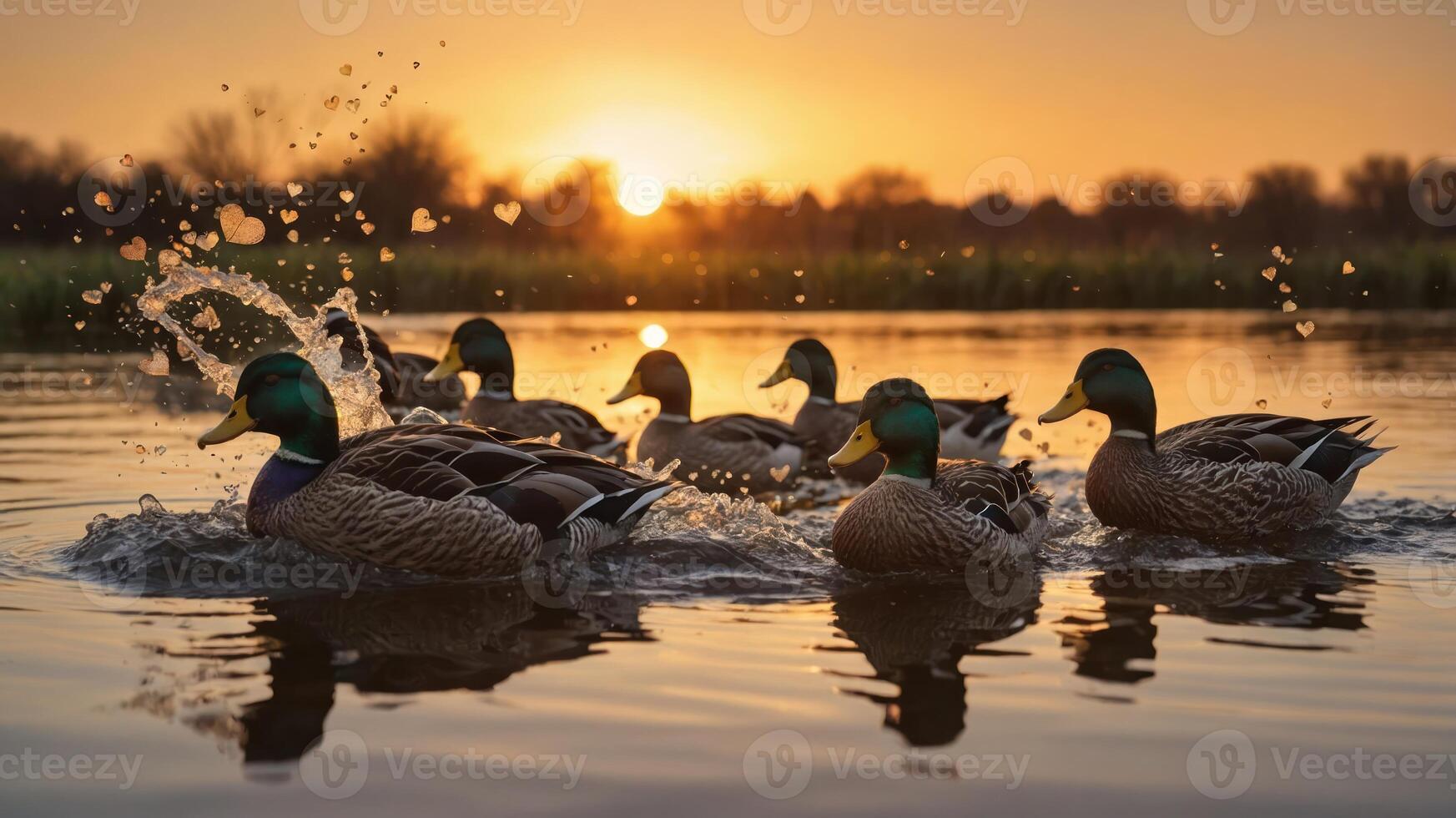 Ducks swimming in a serene pond during sunset, creating splashes and reflections. photo