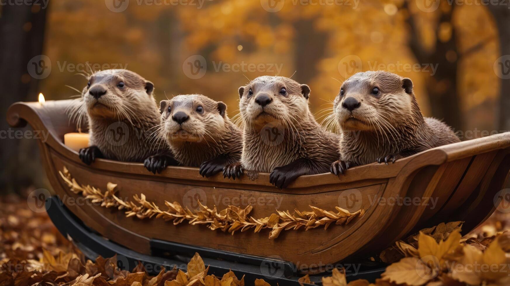 Four otters sitting in a wooden sleigh surrounded by autumn leaves. photo