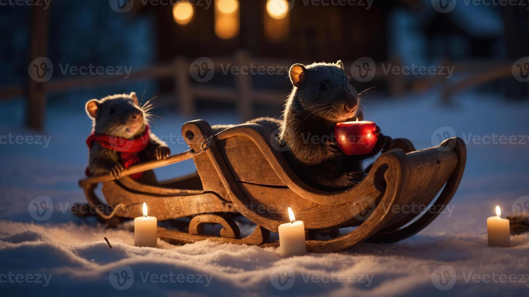 Two whimsical animals in a sleigh, enjoying a cozy winter evening with candles. photo