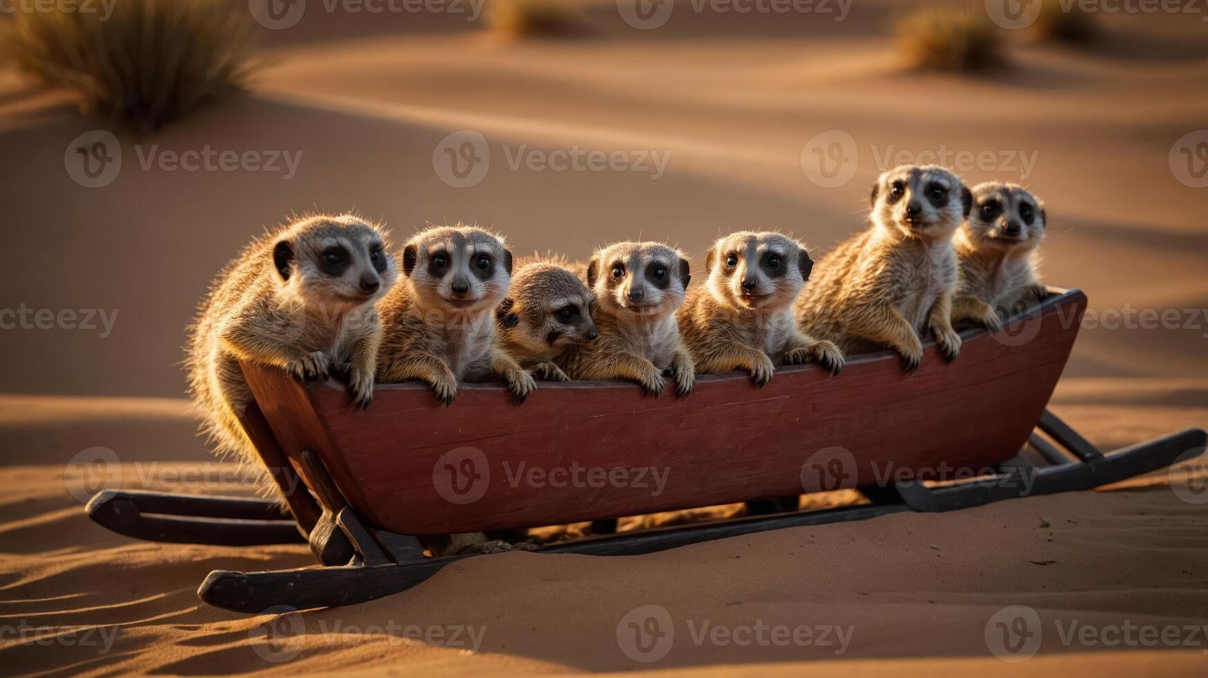 A group of meerkats sitting in a wooden sled on sandy terrain. photo
