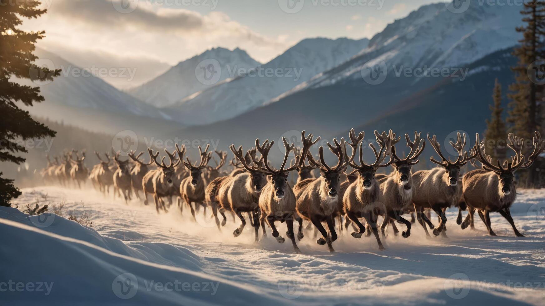 A herd of reindeer galloping through a snowy landscape with mountains in the background. photo