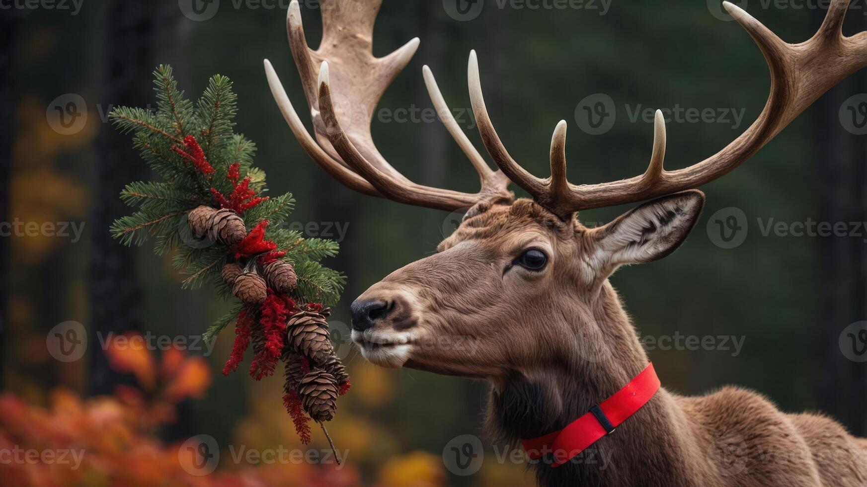 A deer adorned with festive decorations in a natural setting. photo