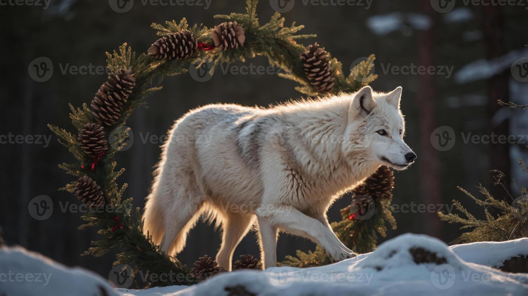 A white wolf walks through a snowy landscape framed by a festive wreath. photo