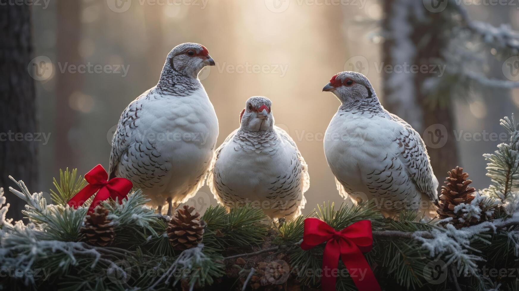 Three festive birds perched on a decorated branch in a serene, snowy forest setting. photo
