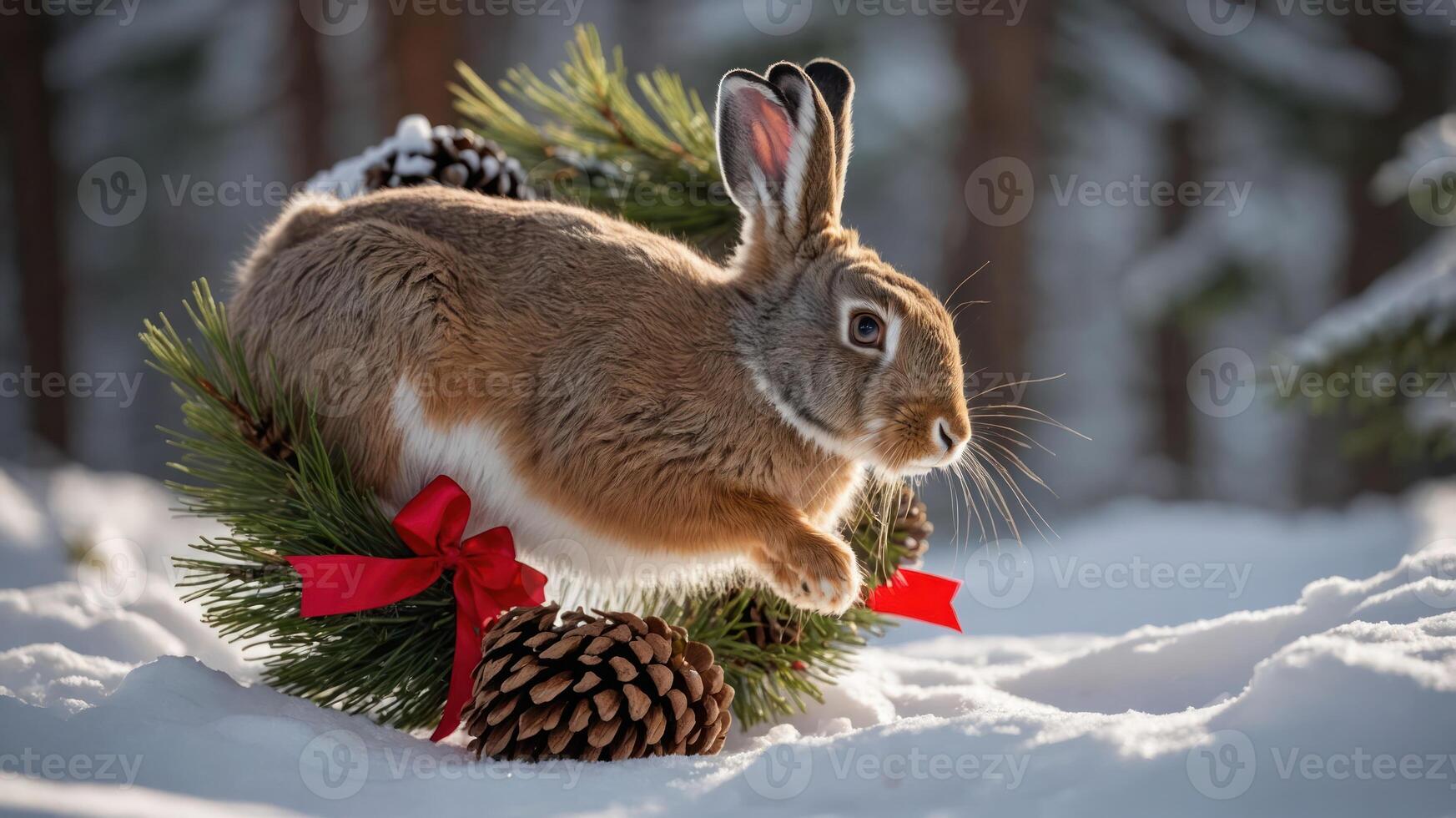 A rabbit leaps through a snowy landscape, adorned with pine and festive decorations. photo