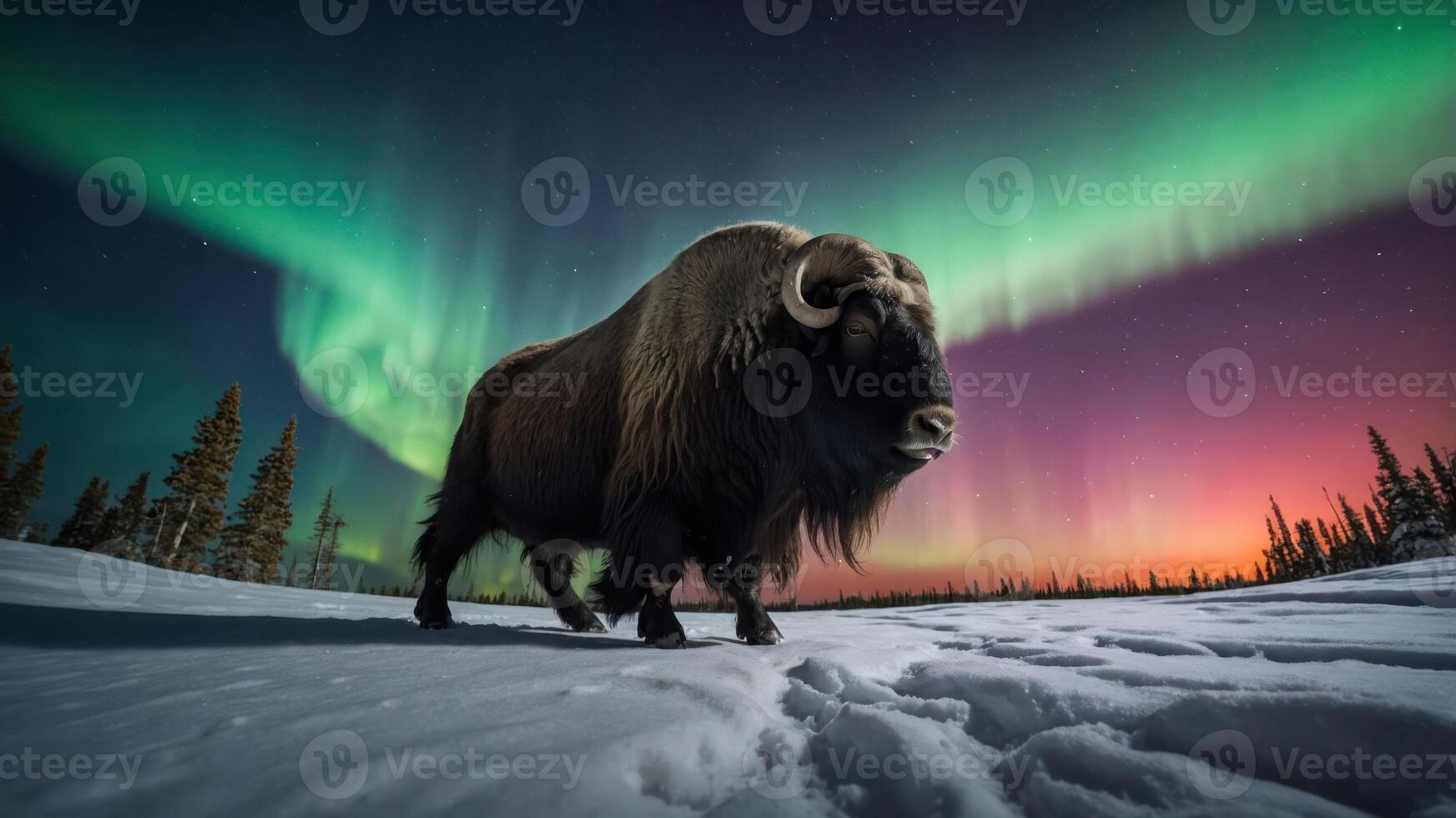 A musk ox walks through snow under the aurora borealis in a stunning winter landscape. photo