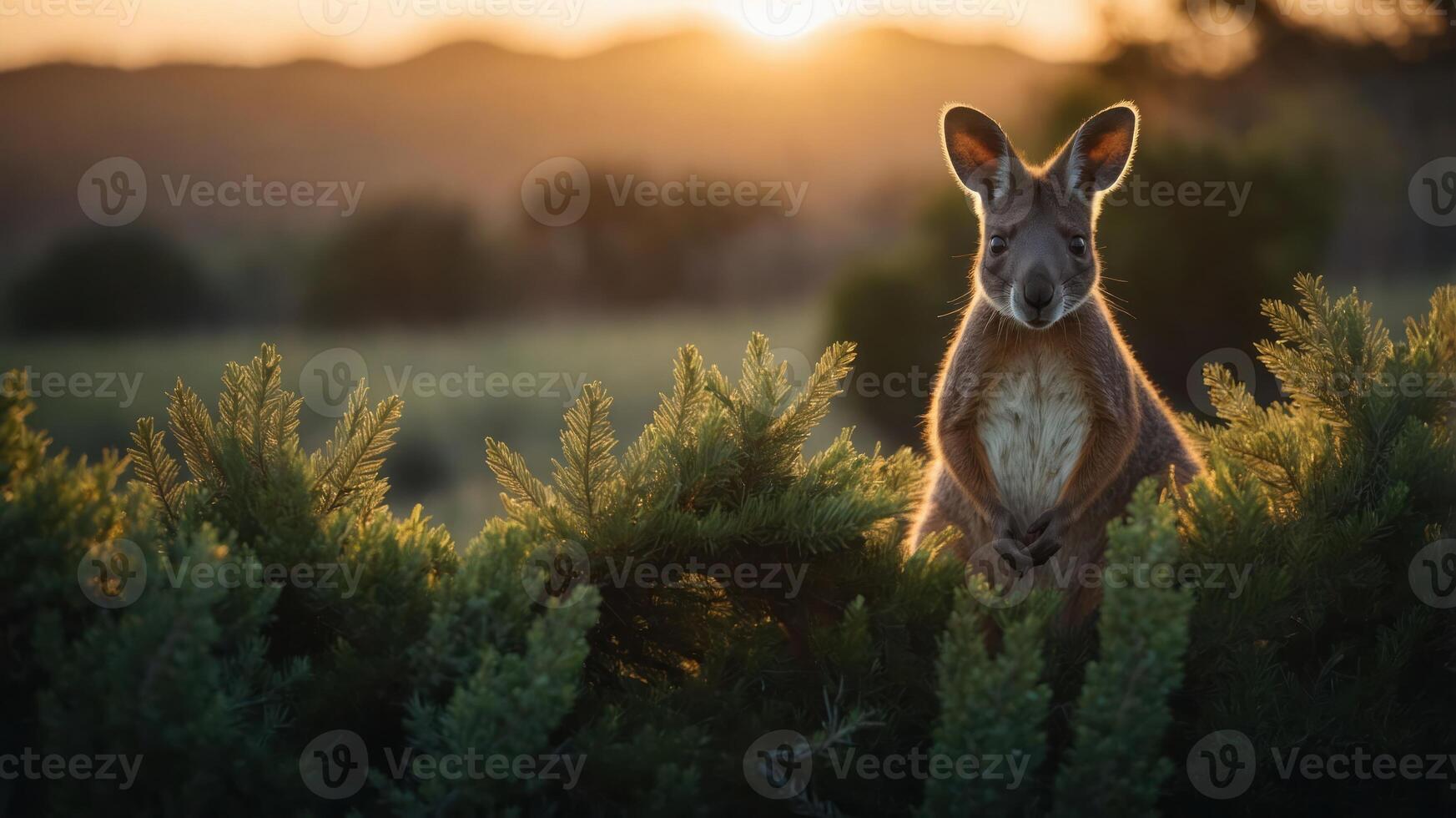 A kangaroo stands among greenery at sunset, highlighting wildlife in its natural habitat. photo