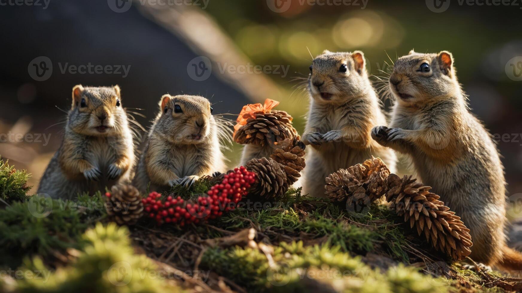 A group of five squirrels interacting with pinecones in a natural setting. photo