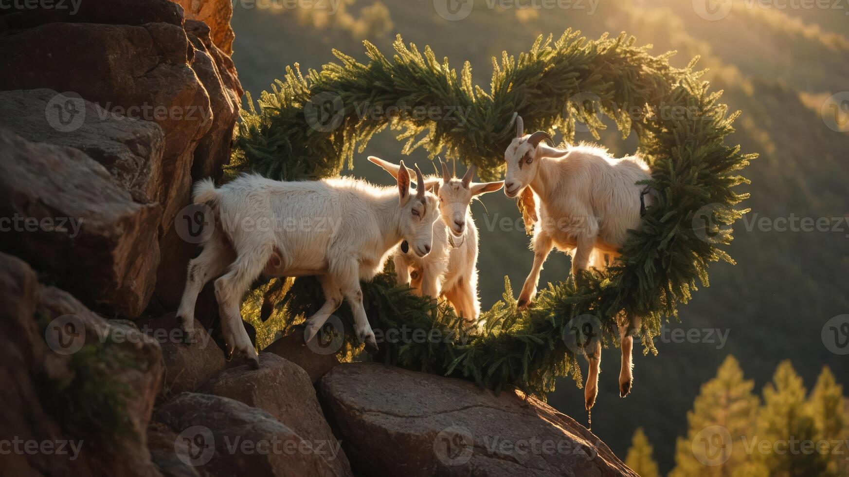 Three goats playfully interacting within a heart-shaped wreath on a rocky landscape. photo