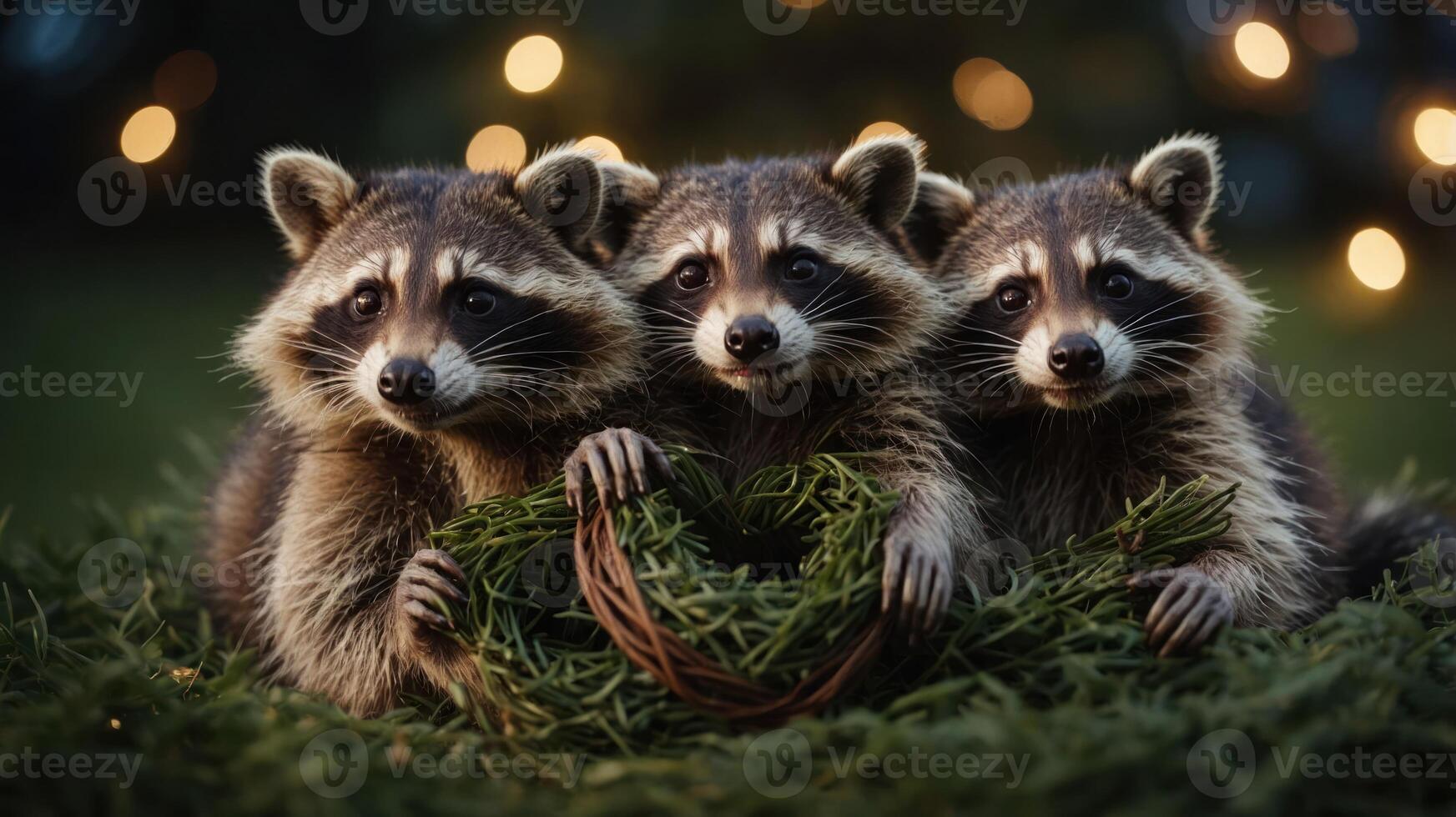 Three raccoons playfully holding a wreath amidst greenery and soft lights. photo