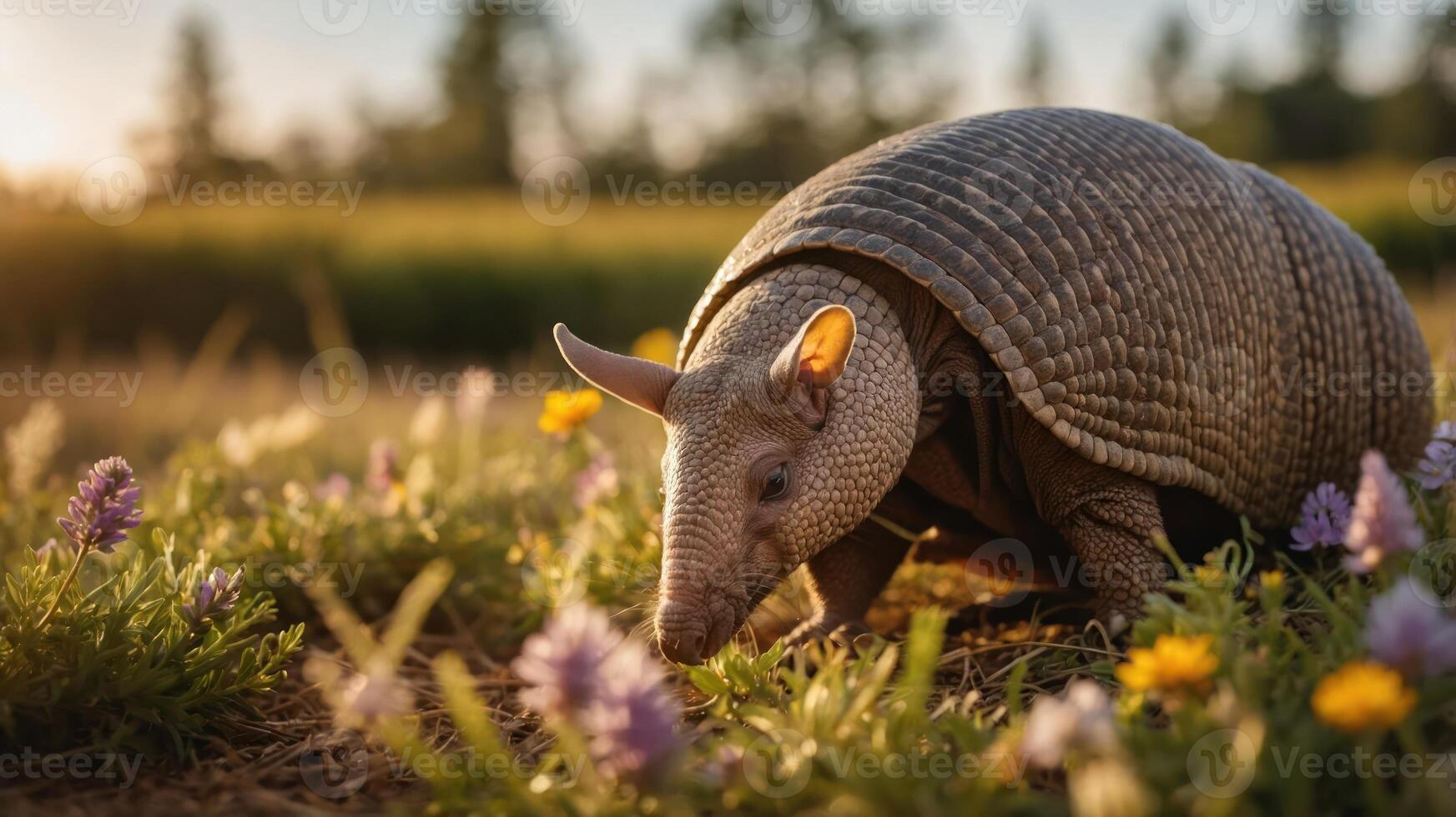 An armadillo foraging among wildflowers in a sunlit field. photo